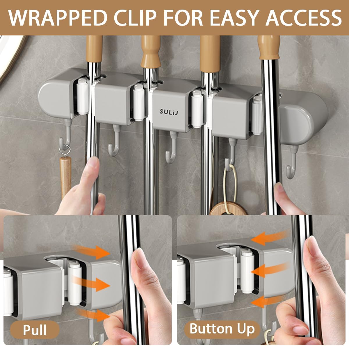 2Pcs Broom Mop Holder with Hooks Wall Mounted Broom Storage Rack No Drilling Self-Adhesive Mop Broom Organizer Mop Holder Hanger for Bathroom Office Kitchen Closet Garage,Grey (2)