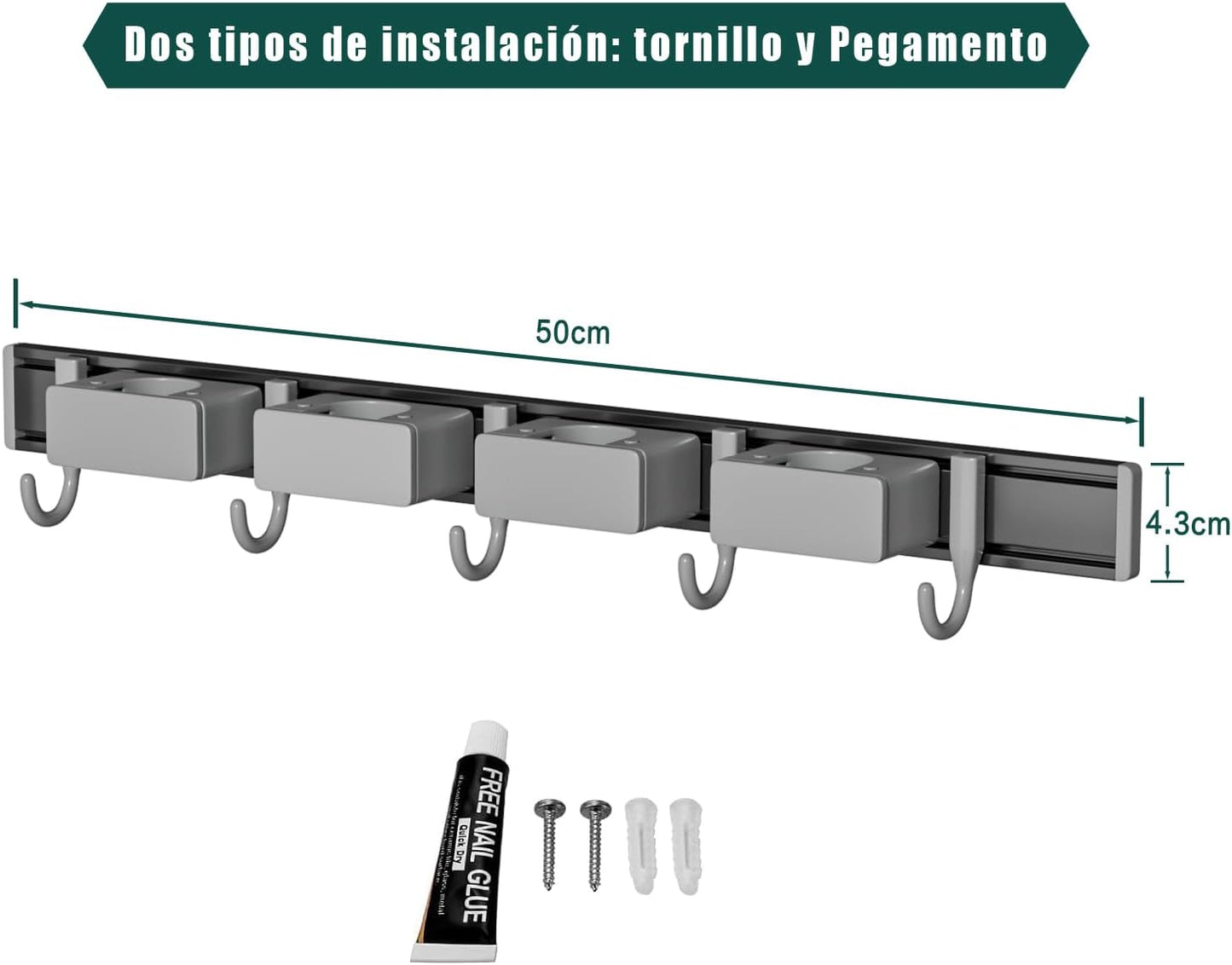 Broom Holder Wall Mount Movable Hooks and Clips Mop and Broom Hanger Wall Mounted Aluminum Garage Tool Organizer Storage adhesive (40cm, Grey)