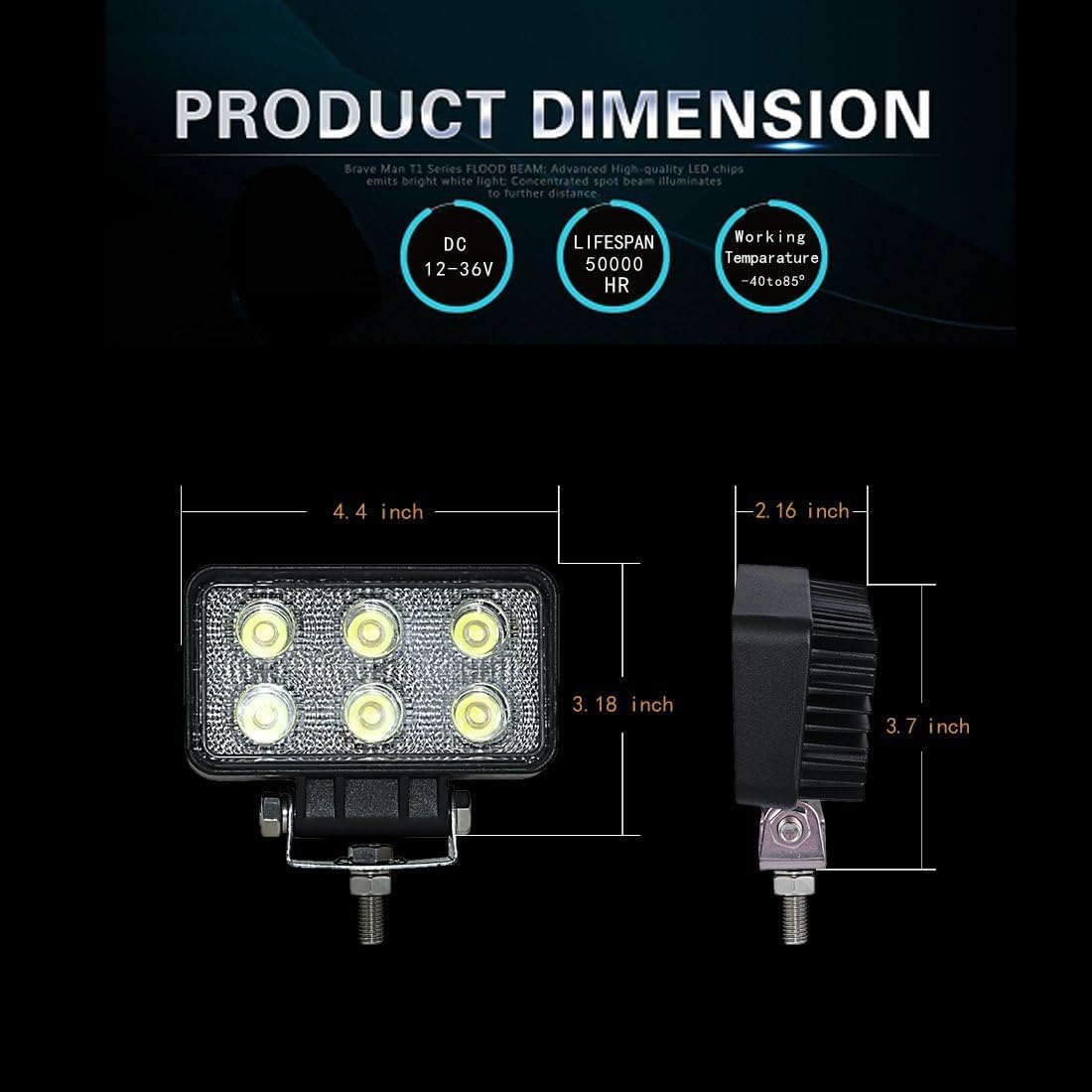 2PACK 18W Rectangle High Power 12/24 volt LED Work Light, 2400LM Foglight Waterproof Flood Driving Light for Tractor,Truck,ATV,Boat, 4x4 Offroad