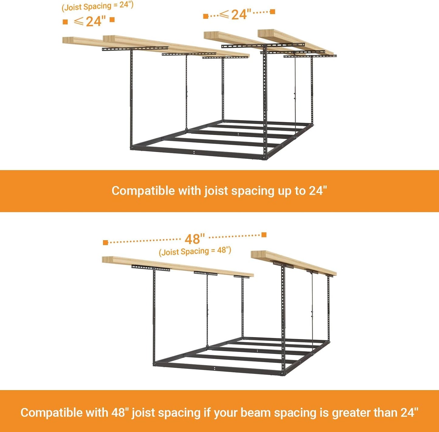 4x8ft Overhead Garage Storage Rack Wooden Decking Not Included, Heavy Duty Metal Rack, Adjustable Ceiling Dropdown, 600lbs Weight Capacity (Black)