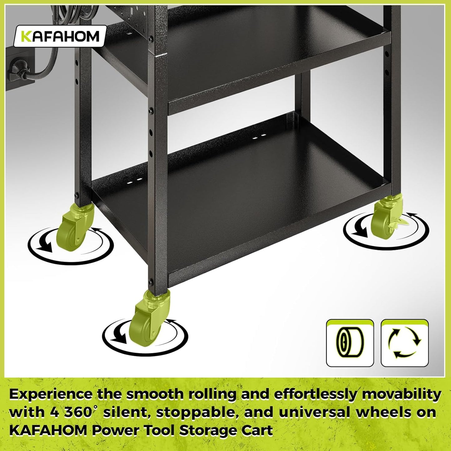 KAFAHOM Power Tool Cart with Charging Station, Rolling Cart with Drawer, Heavy Duty Power Tool Organizer with 360 Silent Wheels, Storage for Garage, Warehouse & Repair Shop