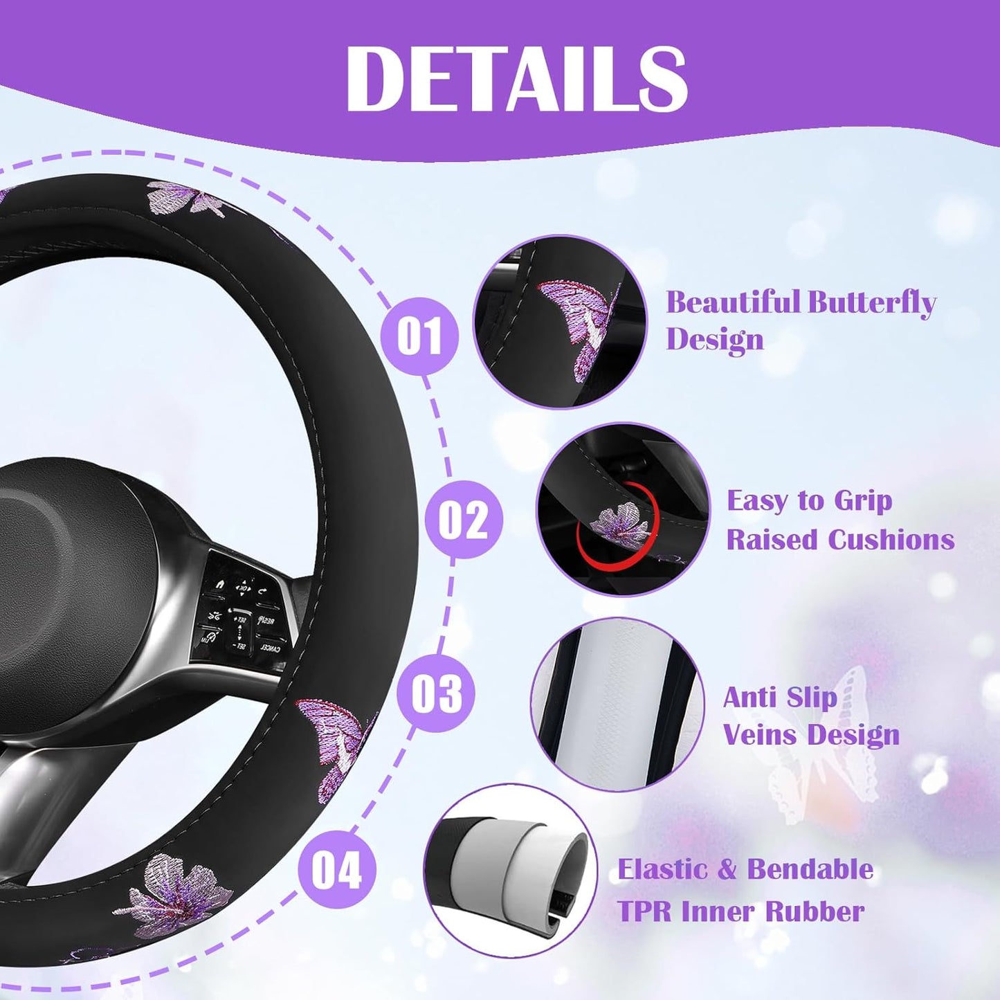 CAR PASS Butterfly Steering Wheel Cover and Waterproof Car Floor Mats,Purple Car Mats 14.5-15inch Steering Wheel Covers Universal Fit for Suvs,Sedans Cars,for Women Girl(Black and Purple)