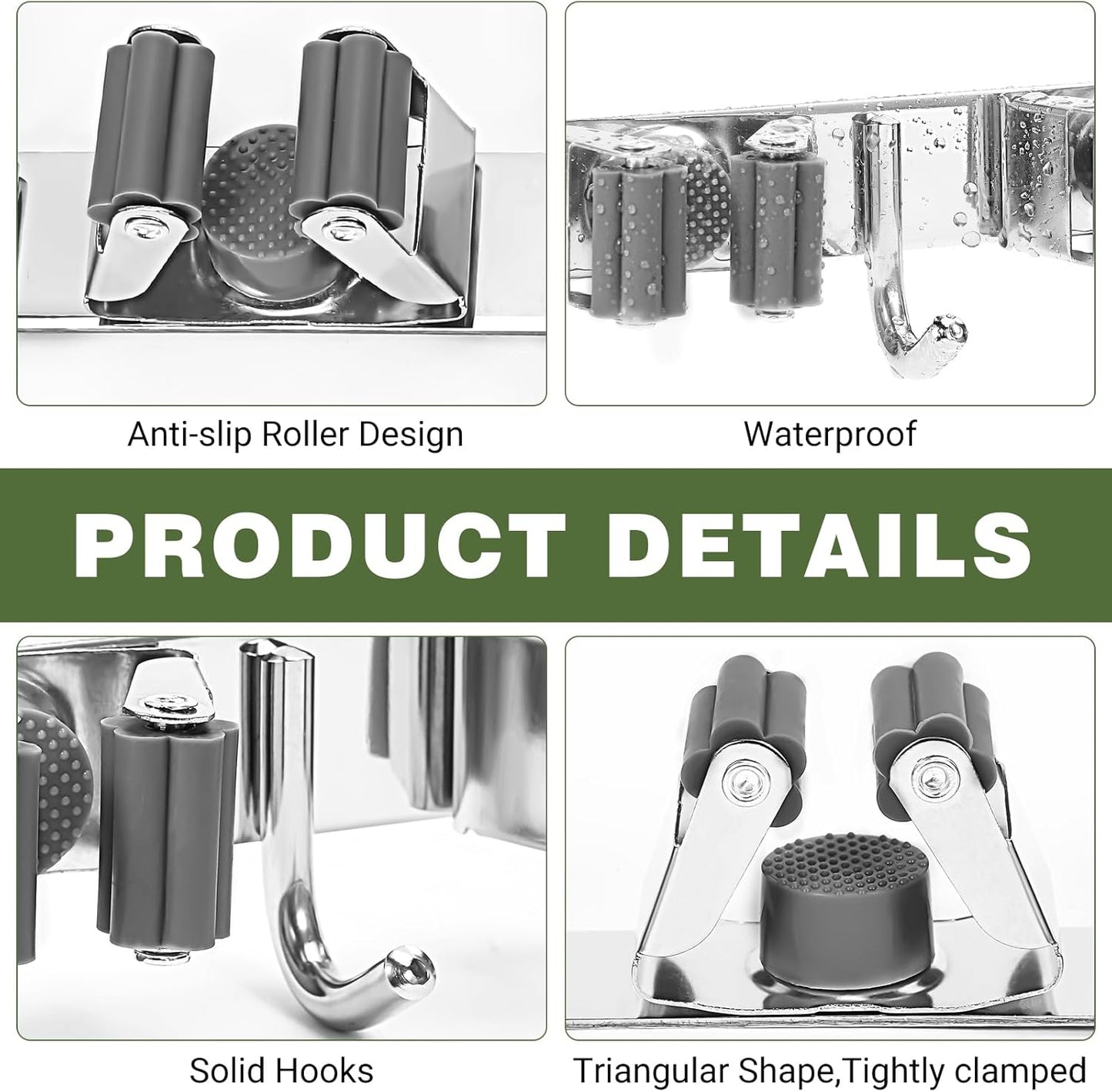 Broom Holder Wall Mount, Broom Organizer Wall Mount Stainless Steel Broom and Mop Hanger Heavy Duty Storage Organization for Home Kitchen Garden Garage Room 5 Racks 4 Hooks (1Pack)(Grey Racks)