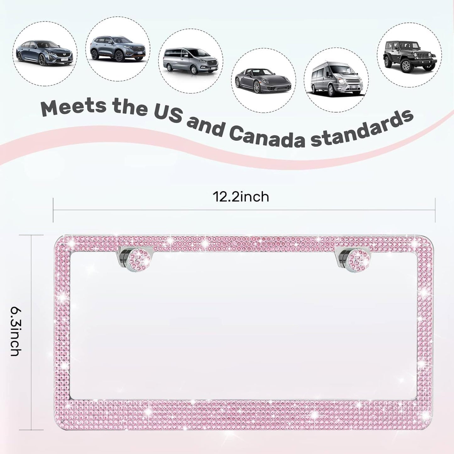 2 Pack License Plate Frames for Women, Sparkly Rhinestone Diamond Car Accessories with Glitter Crystal Caps (Pink (2PCS))