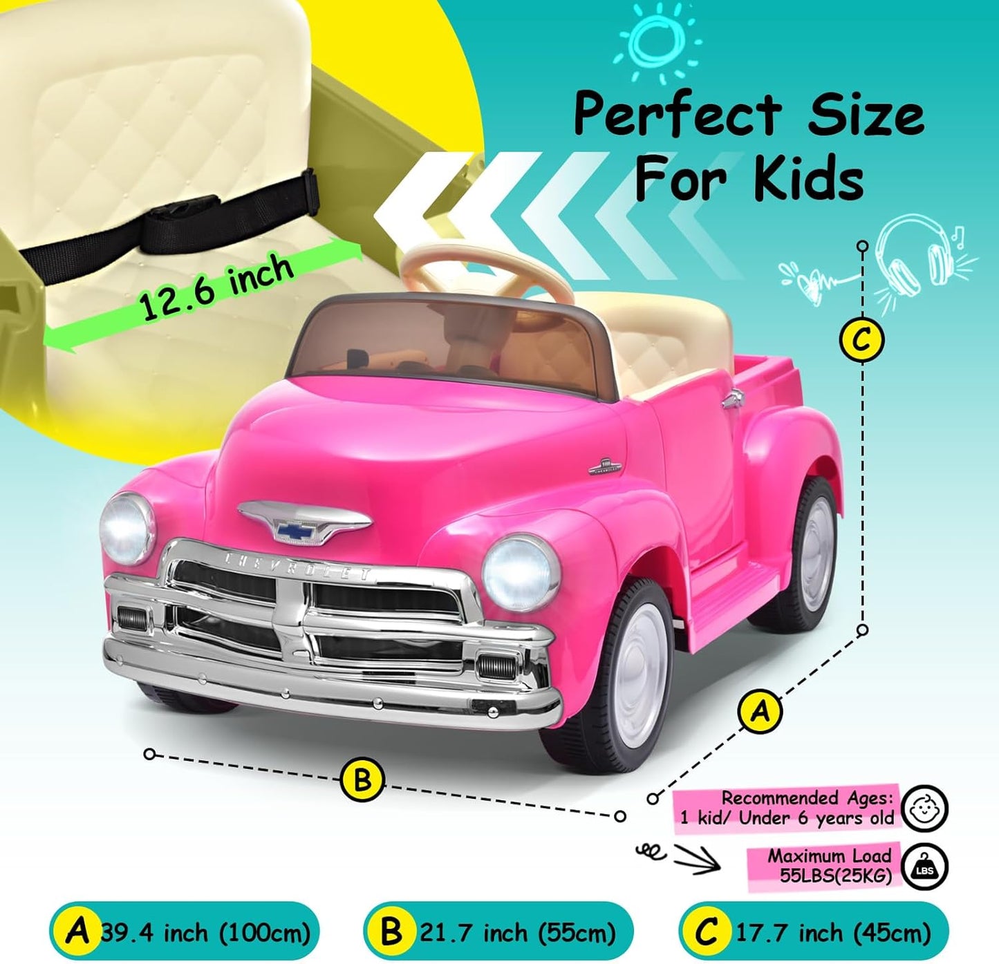 Joywhale 12V Kids Ride on Car Licensed Chevrolet 3100 Pickup Battery Powered Motorized Electric Car, with 7AH Big Battery, 2.4G Remote Control, 3-Speeds, Storage Space, Music, Retro Style, Pink