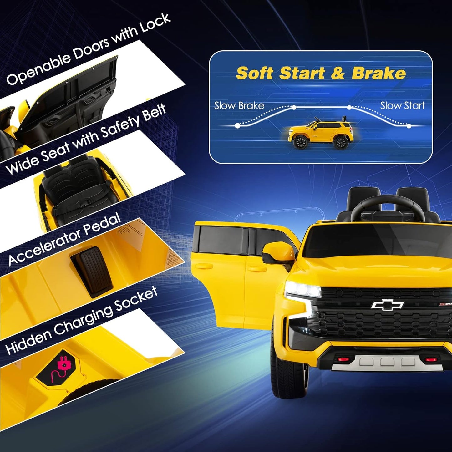 HONEY JOY Ride On Truck, 12V Licensed Chevrolet Tahoe, Chevy Electric Vehicle for Kids, Soft Start, Music, Lights, Battery Powered Ride On Car Toy with Remote Control, Gift for Boys Girls (Yellow)