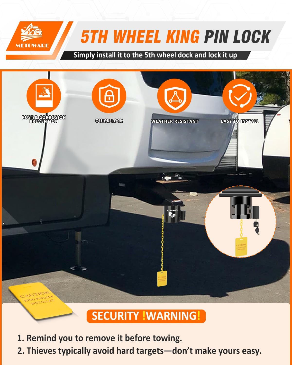 METOWARE 5th Wheel King Pin Lock with Warning Tag for 5th Wheel, RVs, Semi Trailers and Campers (Black)