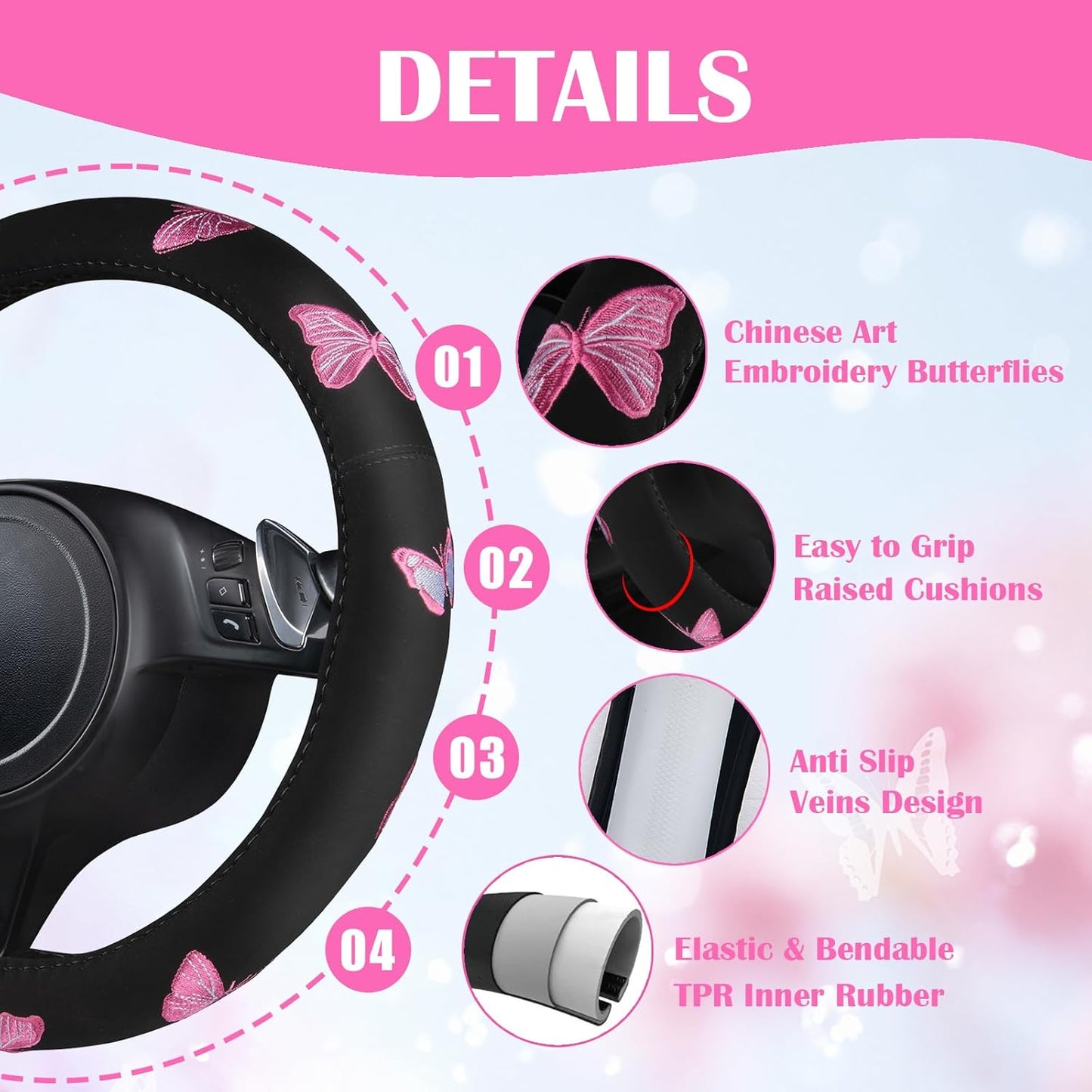 CAR PASS Embroidery Butterfly Steering Wheel Cover and Waterproof Car Floor Mats,Pink Car Mats 14.5-15inch Steering Wheel Covers Universal Fit for Cars, Suvs,Sedans,Van,for Women Girl(Black and Pink)