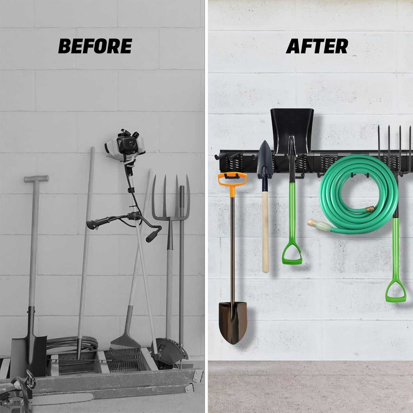 AIRTOON Garage Tool Organizer, 48 Inch Garage Organizer Wall Mounted Storage System with 9 Hooks, Max Load 500lbs Garage Storage for Garden Tools, Shovels, Trimmers, Hoses