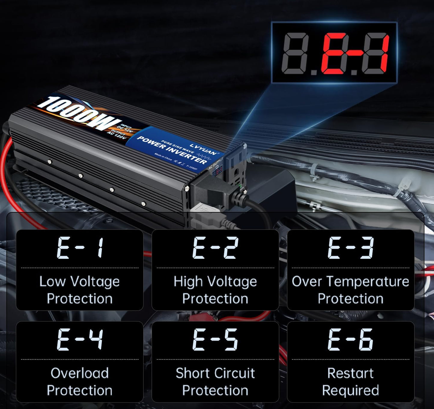 LVYUAN 1000 Watt Pure Sine Wave Power Inverter 12V to 110V/120V DC to AC Converter with Dual Sockets, Dual USB Ports, LED Display for Home Outdoor RV Car Power Inverter Power Adapter