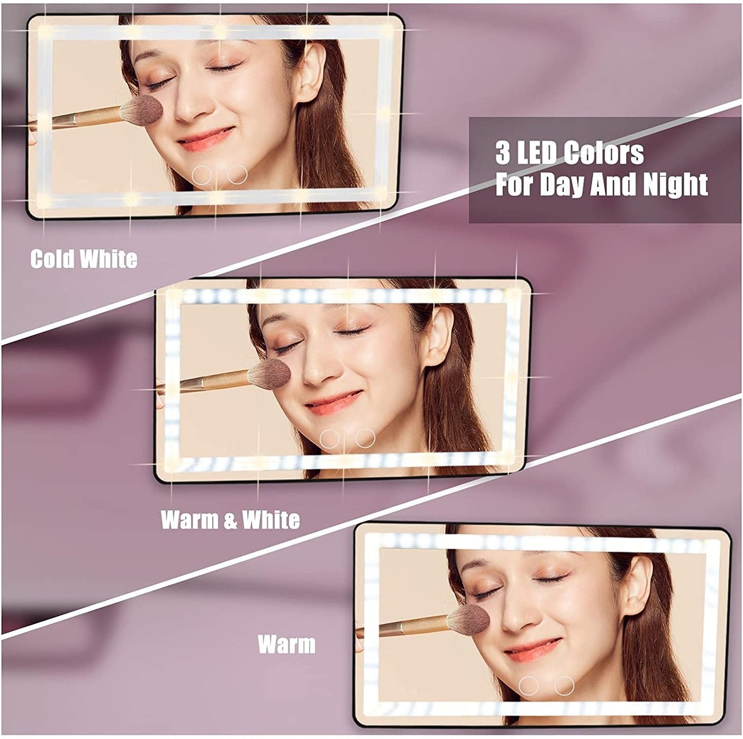 Car Sun Visor Vanity Mirror, Makeup Mirror with 3 Light Modes & 60 LEDs Rechargeable Led Light Car Mirror with Dimmable Touch Screen, Rear View Sun-Shading Travel Cosmetic (Black, 1 Pack)