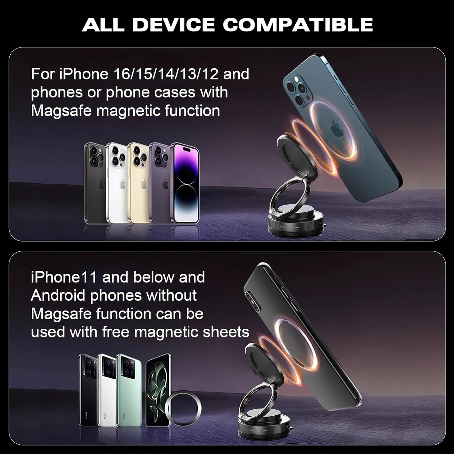 Vipbu Phone Mount, Vipbu Phone Holder, Car Phone Holder, 360° Adjustable Vacuum Magnetic Phones Holders, Foldable Car Mount, Universal Adjustable Stand for Phone Smartphones (White)