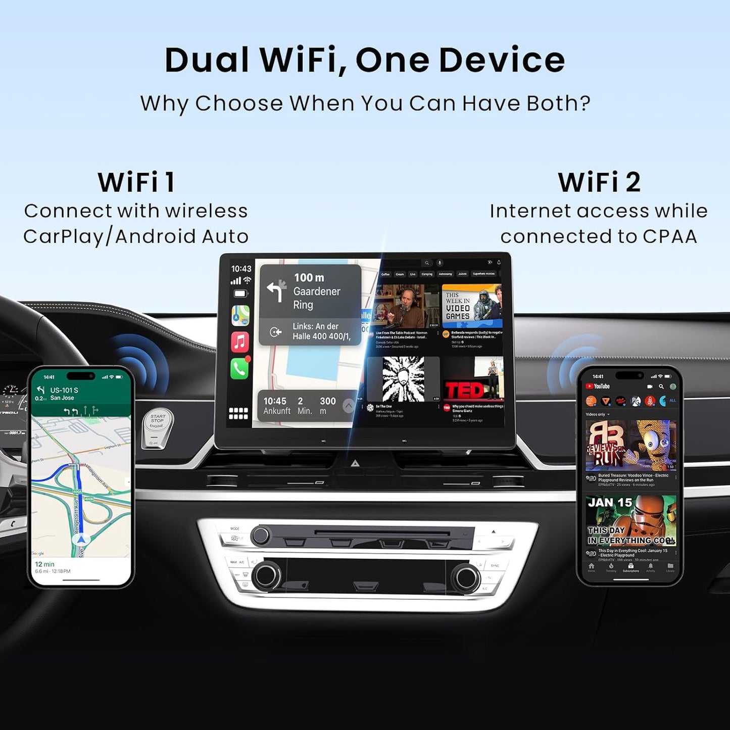 Ai Box Carplay/Android Auto Wireless Adapter, 4-in-1 Ai Box, Dual Bluetooth/WiFi, 2GB+16GB Upto 128GB, Plug & Play, for OEM Wired CarPlay AndroidAuto Stereo (CB4A-A2)