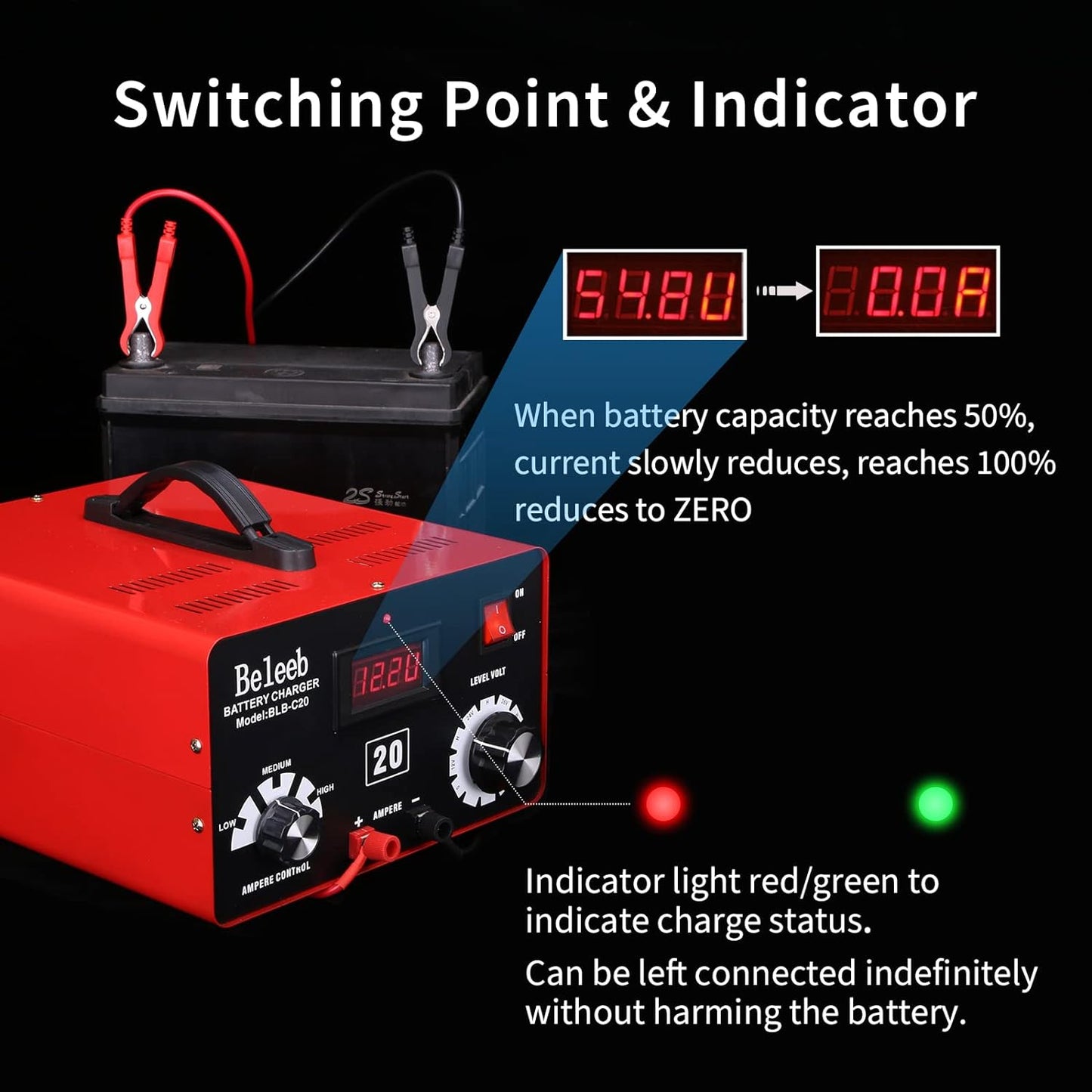 C20 Adjustable Battery Charger 12V 24V 36V 48V, 12A Pulses of High-Voltage Battery Desulfator Maintainer with Smart Chip for Lead-Acid LiFePO4 Lithium Batteries BLB-C20