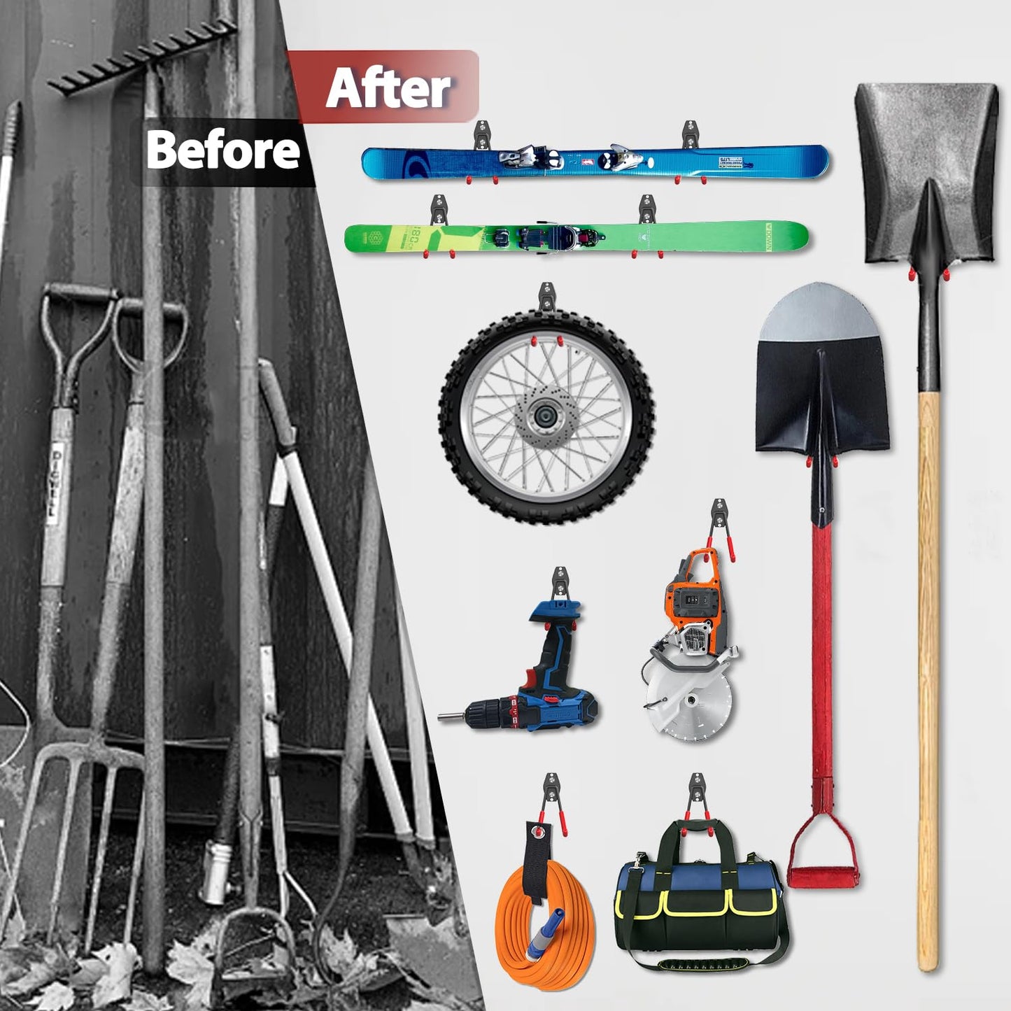 3-H Garage Wall Hooks 14 Pack,Garage Hooks Heavy Duty with Extra Welding Spots,Garage Hooks for Hanging,Garage Organizer for Garden,Lawn,Yard Tools,Chairs,Ladders,WeedEater,Shovel,Blower(Red)