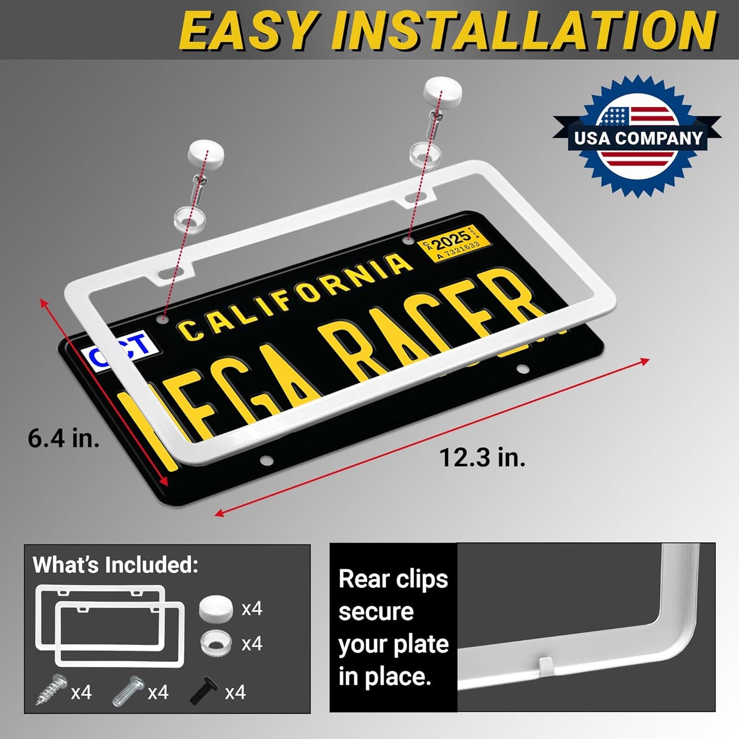 Premium Slim White License Plate Frames – 2 Pack, Rust-Free Stainless Steel, Street Legal & Rattle-Free, Universal Fit with Screw Covers, Sleek Thin Metal Front & Rear Car Tag Holders for Men & Women