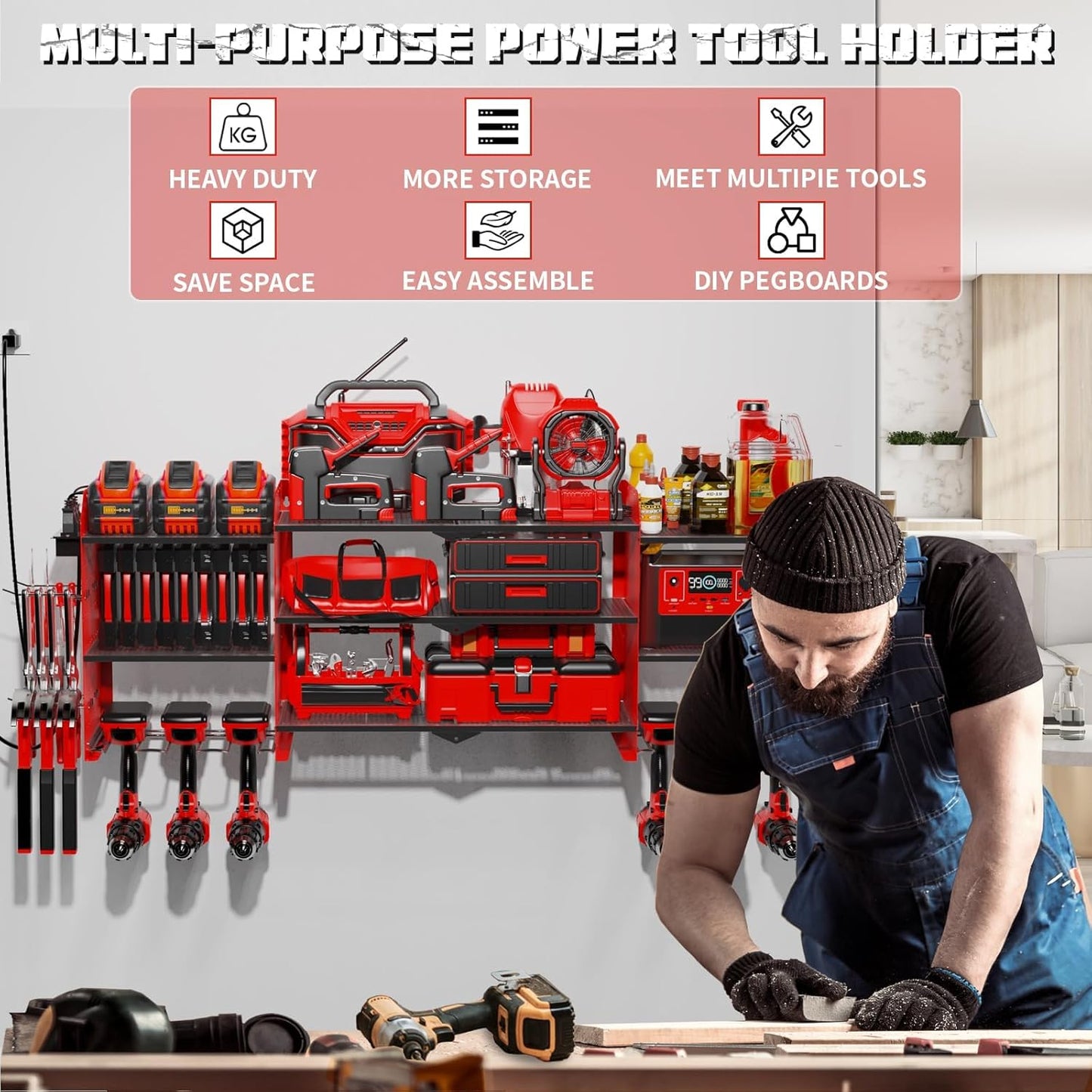 45" Large Power Tool Organizer Wall Mount with Charging Station - 3 Layer Storage Racks with 8 Cordless Drill Holder, 4 Hooks, Heavy Duty Garage Tool Organizer Storage for Workshop Pegboard Basement