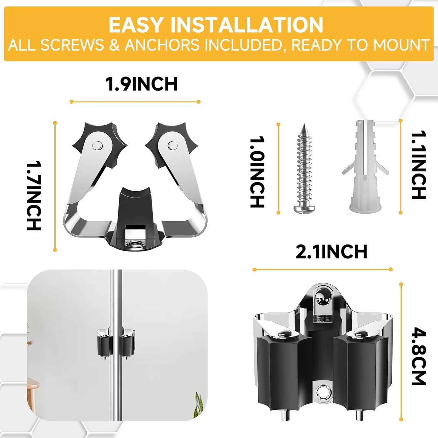 Broom Holder Wall Mount – 3 Pack Broom Rack with Star Shaped Rubber Rollers & Nickel Plated Brackets for Strong Grip and Long Life – Ideal for Garden Tools Organization