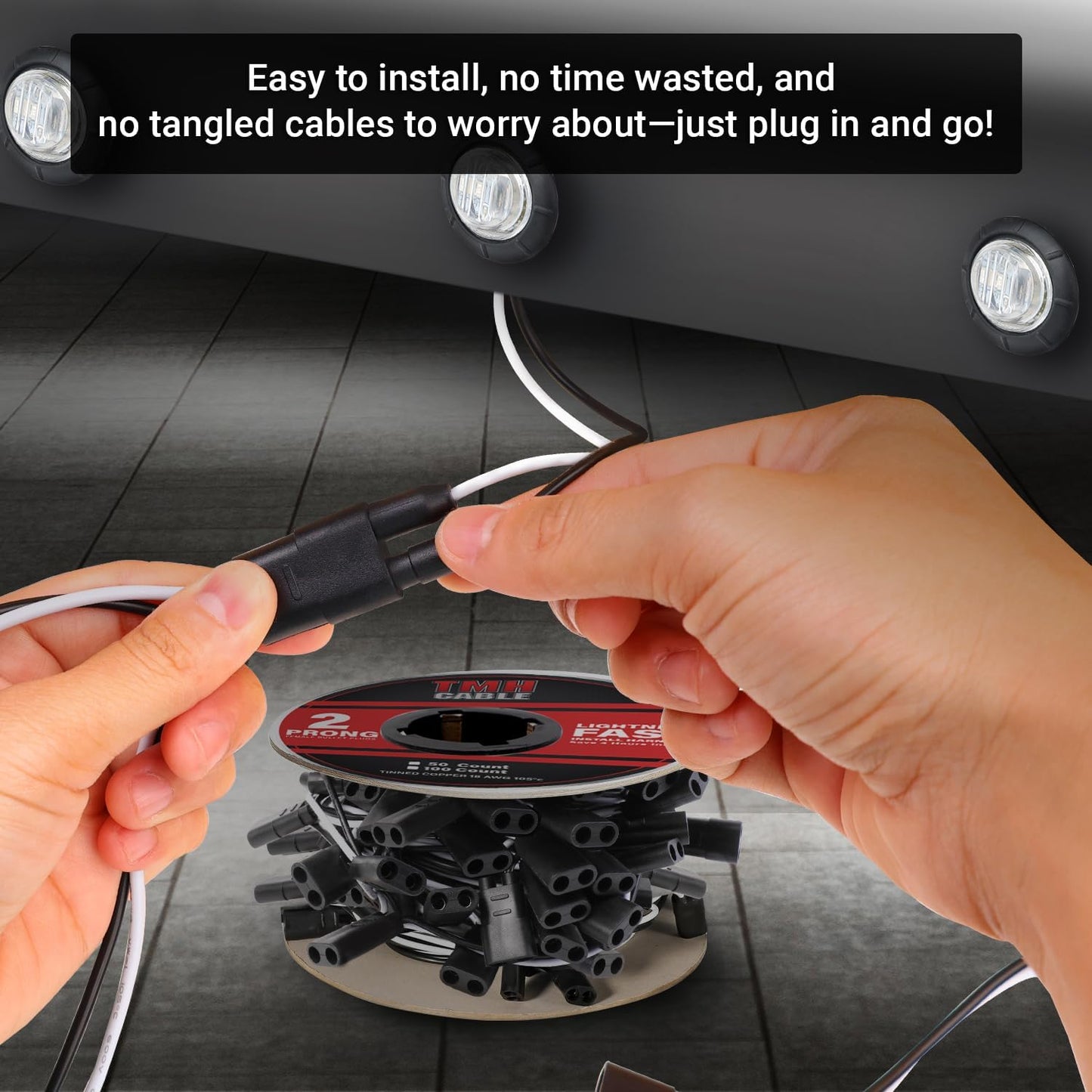 TMH 20 Count 2-Prong Wire Harness Roll Double Female Bullet Plug 18 Gauge - 6.5" Spacing for LED Marker Clearance Lights Hassle-Free Installation