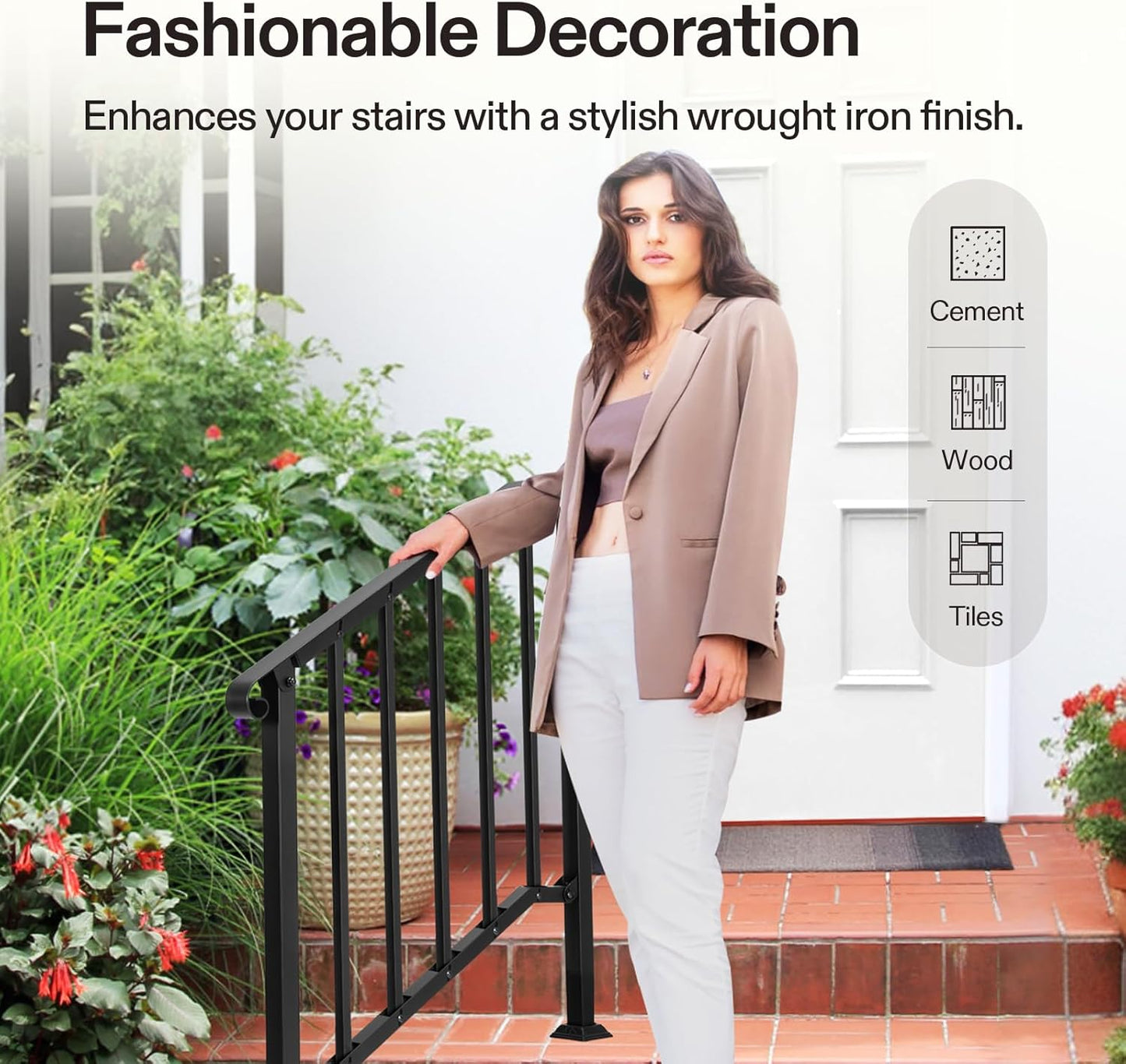 VIVOSUN Outdoor Handrail, 3 Step Stair Handrail, 40" x 36" Fits 1 to 3 Steps, Wrought Mattle Iron Stair Railing with Curved End and Balusters for Concrete Step, Porch Steps, One-Step Assembly, Black