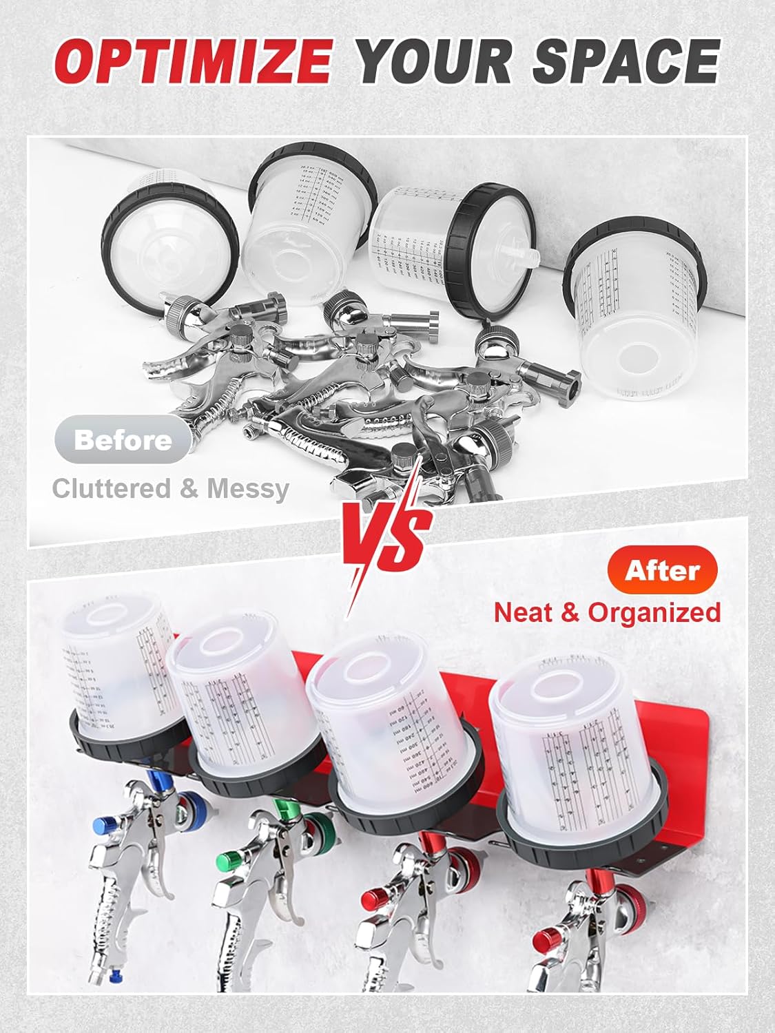 Paint Spray Gun Rack for Magnetic or Wall Mount, Holds 7 Gravity Feed Guns or 4 with Cups, Heavy-Duty Steel Paint Organizer with S-Hooks for Garage, Body Shop or Workshop, Red