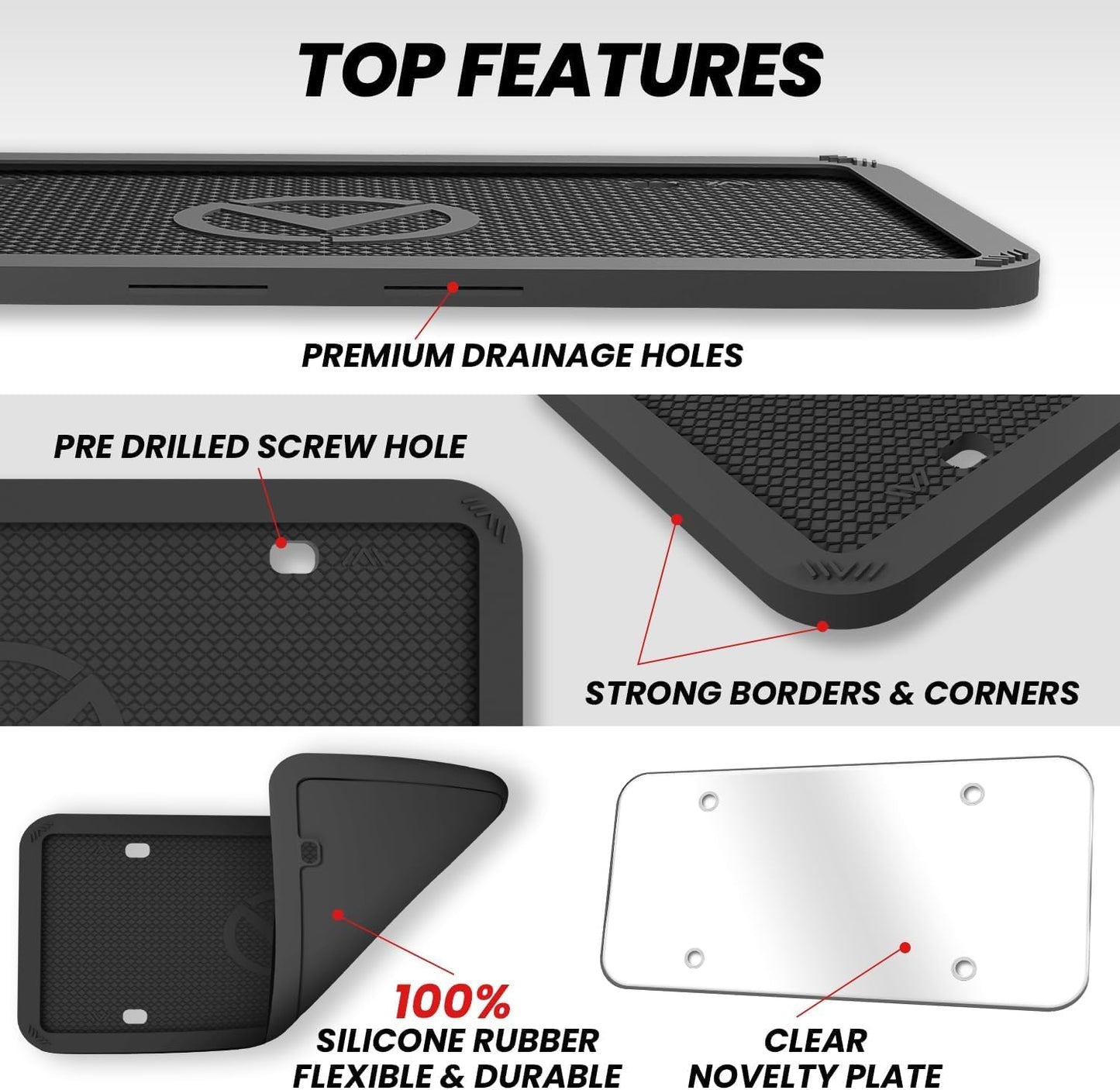 2 Pcs Silicone License Plate Frames with Polycarbonate Covers, Rust-Proof, Weather-Resistant, Easy Installation, Premium License Plate Protector for Cars with 2 Drainage Holes