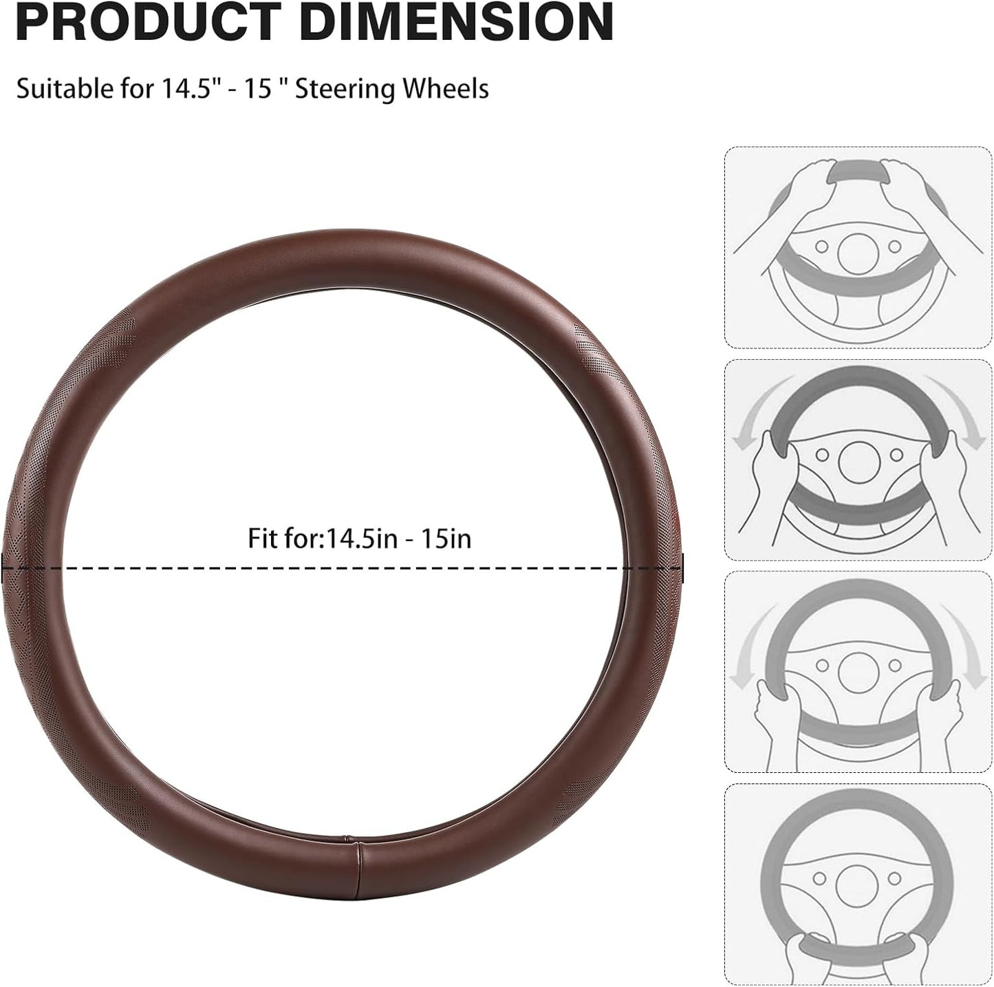 【2025 Model】 High-Grade Real Cowhide Steering Wheel Cover for Men Women,Brown Genuine Leather Steering Wheel Cover for Cars,Universal 14.5-15 inch Steering Wheels,Grid & Square Motif
