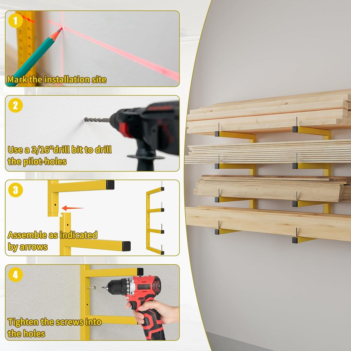 2-Pack Lumber Storage Rack, Wood Storage Racks Wall Mount, Heavy Duty Garage Wood Organizer with 4-Level System, Yellow Utility Rack Organization Up 800 Lbs, Metal Lumber Shelf for Indoor and Outdoor