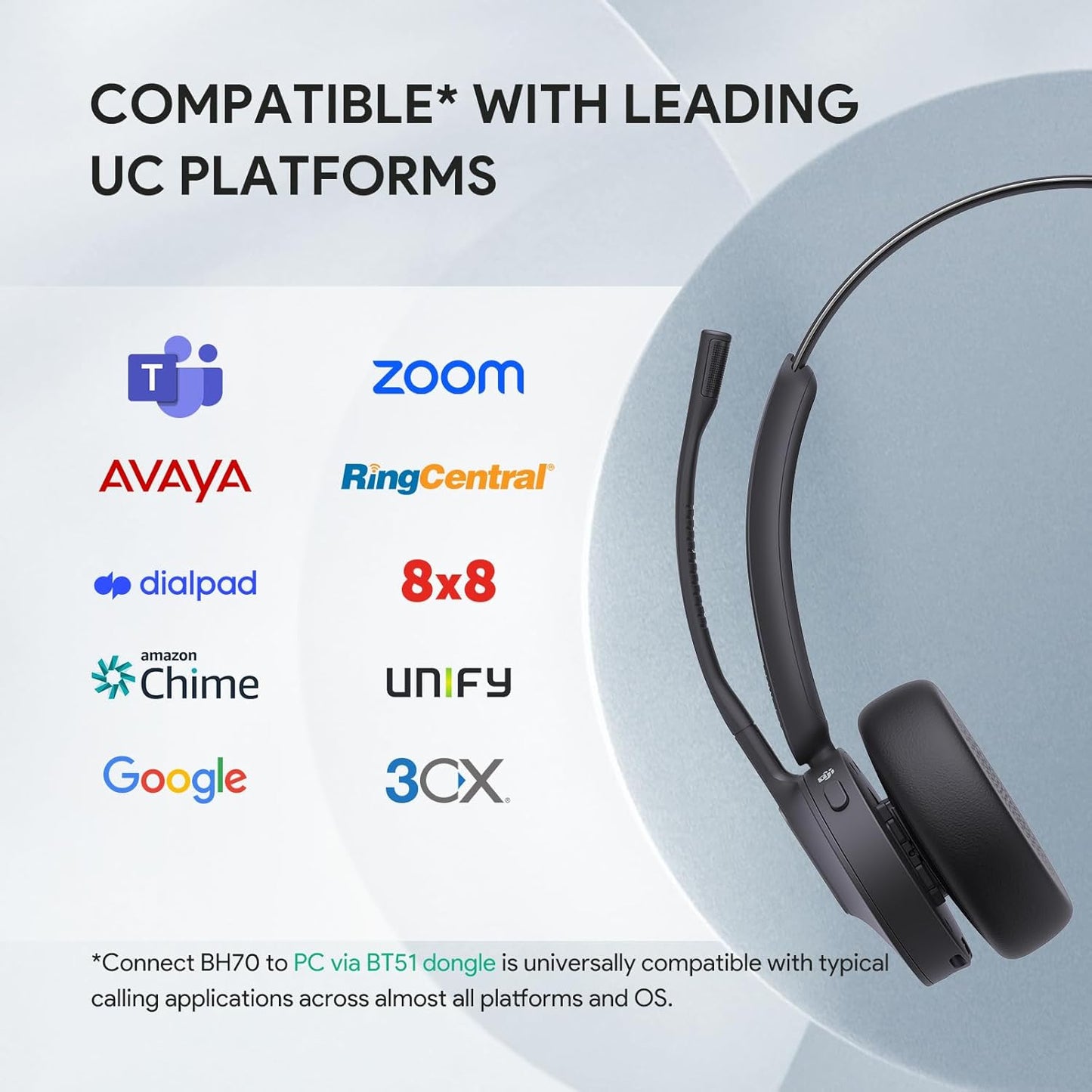 Yealink BH70 Mono Wireless Bluetooth Headset with Microphone for Work, up to 35h Talking Battery Life, 3-Mic Noise Cancellation, 91g Lightweight Microsoft Teams Certified Work Headsets for PC