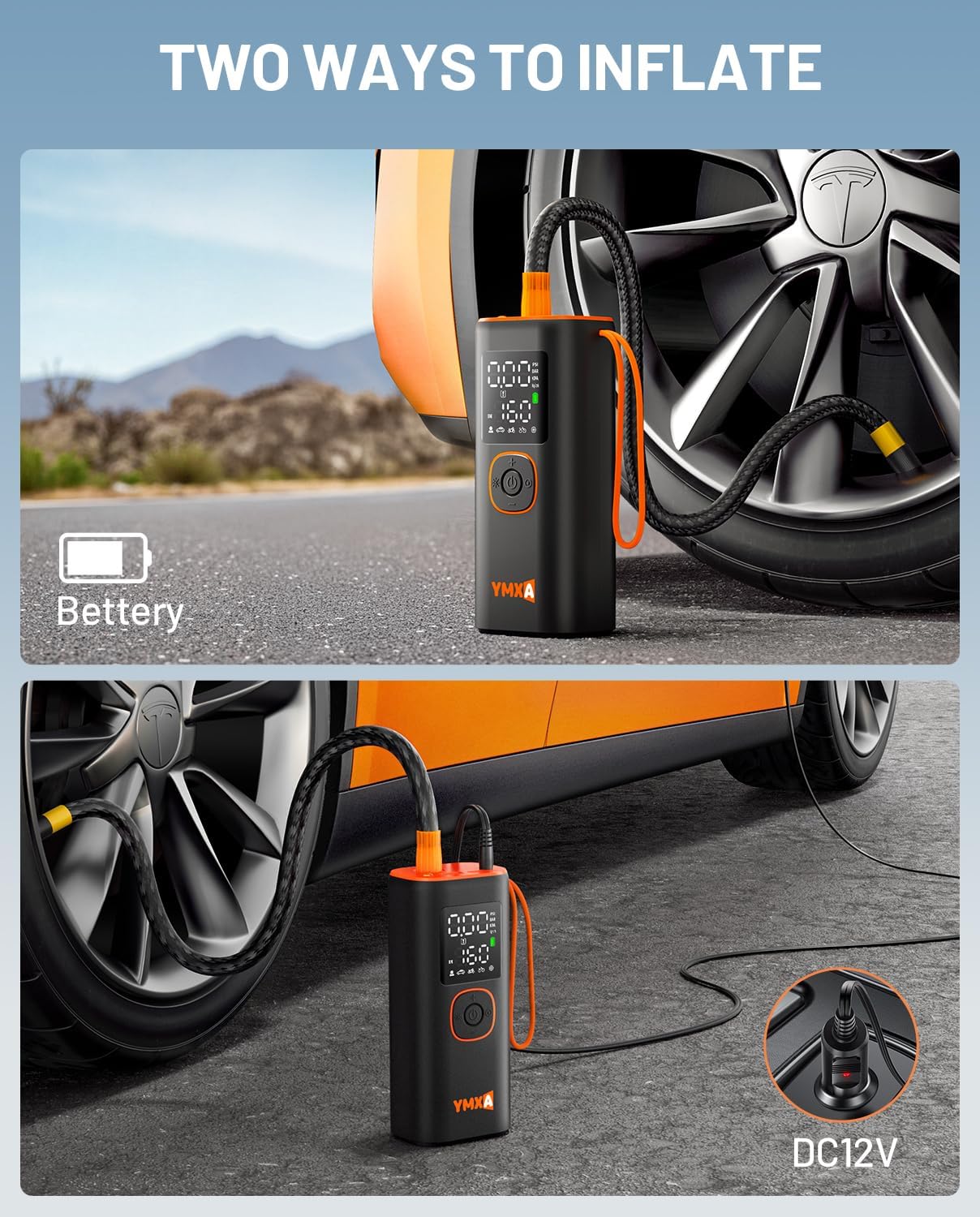 Portable Tire Inflator For Car - 5X Faster 160 PSI, DC 12V Air Pump For Car Tires, Portable Air Compressor With Large Dual Digital Screen, Tire Air Pump For with Light Truck, Motorcycle, Bike