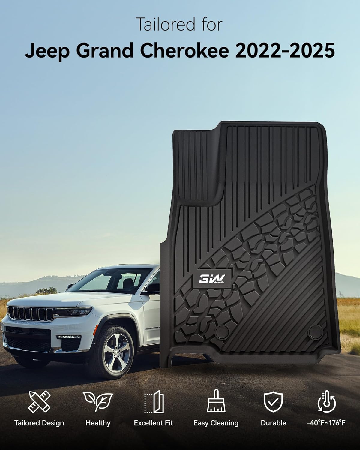 3W Floor Mats & Cargo Liner Fit for Jeep Grand Cherokee (Include 4xe Not L or WK) 2025 2024-2022,TPE All Weather Custom Fit Floor Liners for 1st 2nd Rows and Trunk Full Set Car Mats, Black