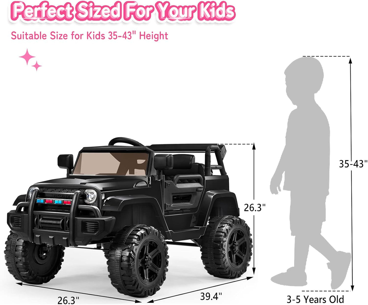 JOYMOR Ride on Truck with Remote Control, 4 Wheels 12V Battery Powered Kids Car, with LED Headlight/Horn Button/ MP3 Player/USB Port/Forward Backward/Kids Girl Boy (Black)