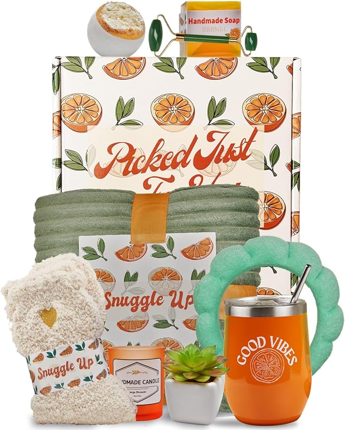 Sunny&Wise Care Package For Women - Designed in USA - Self Care Gifts After Surgery, Get Well Soon, Orange Fruit Themed, Thinking of You, 12 Oz Good Vibes Tumbler