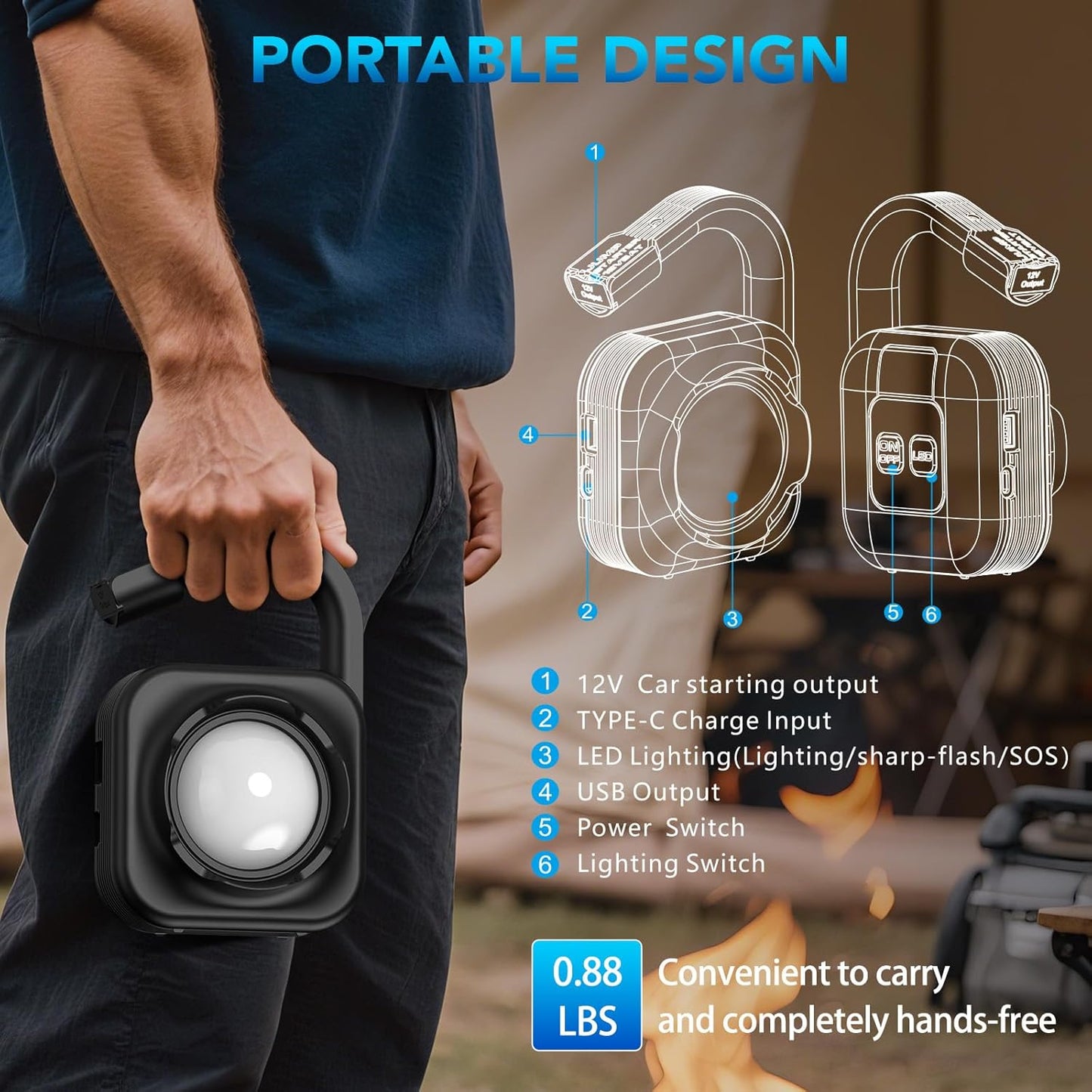 Portable Car Jump Starter with Camp Light, 2000A Peak, Ultrasafe 12V Battery, 8000mAh, for 9L Gas/7L Diesel Engines, Dead Battery Booster, USB Output Power Bank