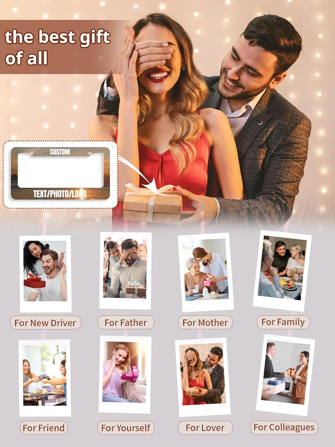 Custom License Plate Frame – Personalized License Plate Holder with Photo & Text – Rust-Proof Aluminum Car Tag Cover for Front/Rear, Car Accessory for Men & Women, Includes Screws, 12"x6" (2 Holes)