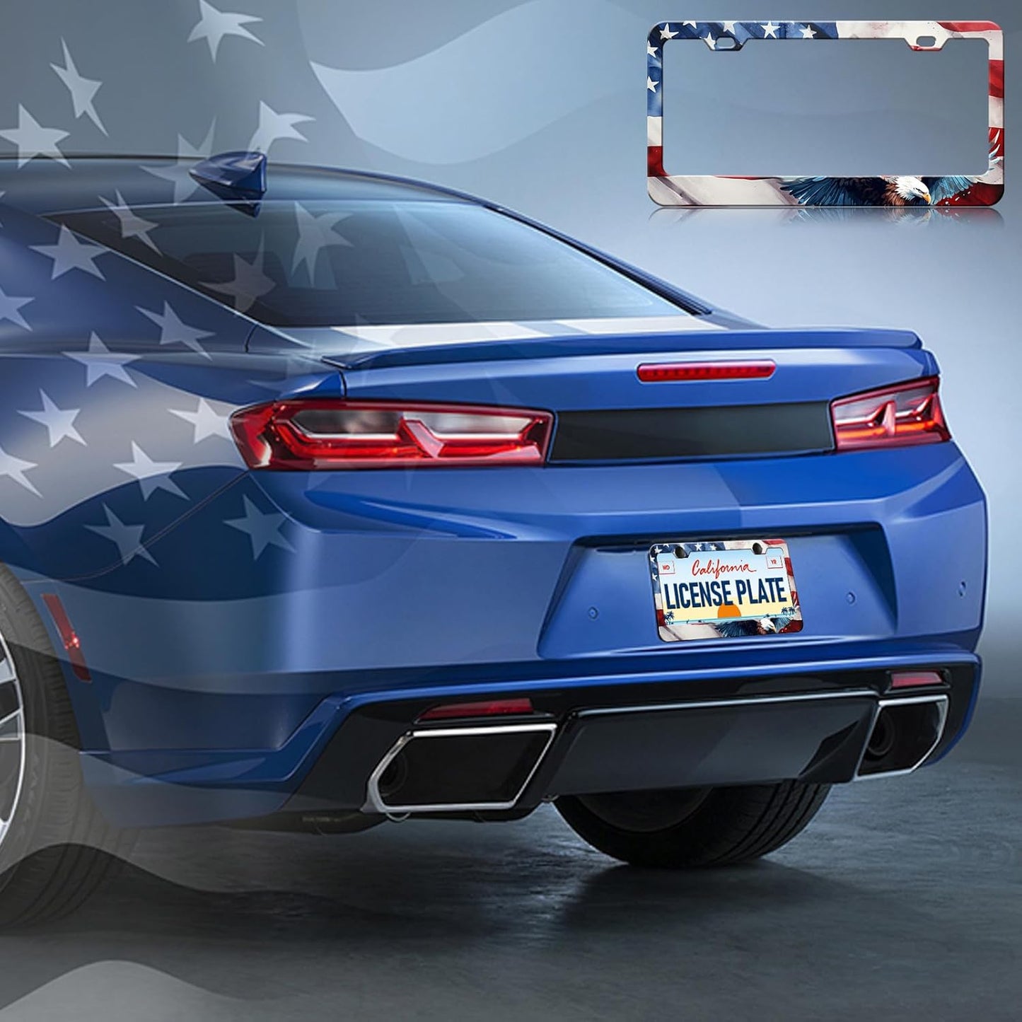 American Flag Eagle License Plate Frames - 2 Pack US Flag Patriotic Stainless Steel License Plate Holder,Rust-Proof Waterproof Car Decorative Tag Frame with Screws Fasteners Caps