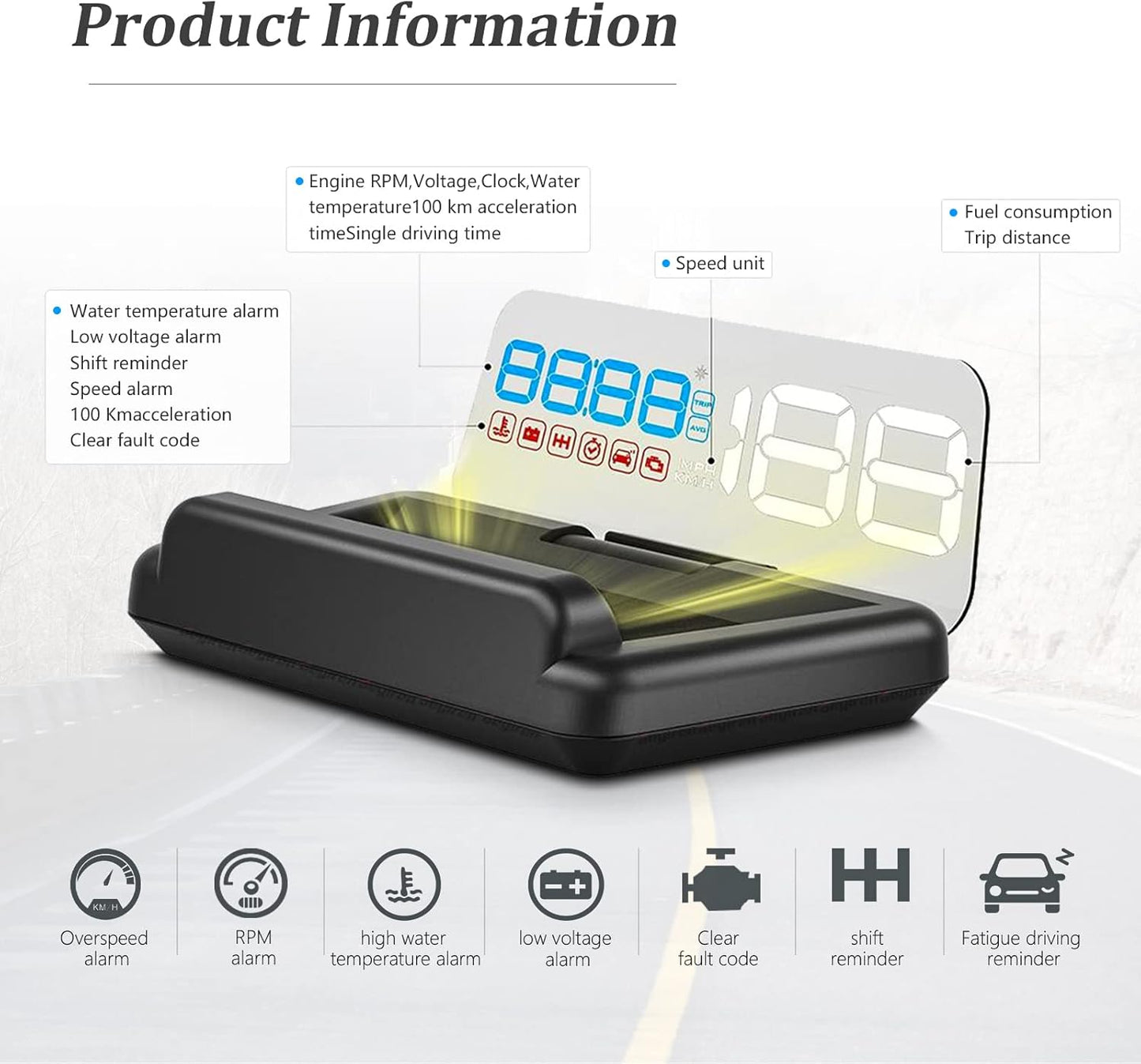 Heads up Display for Cars, C500 Car Digital GPS Speedometer, Stereo Projecting Display with Reflector, Speed, RPM, Water Temperature, Over Speed Alarm Remind, Fatigue Driving Reminder (C500)