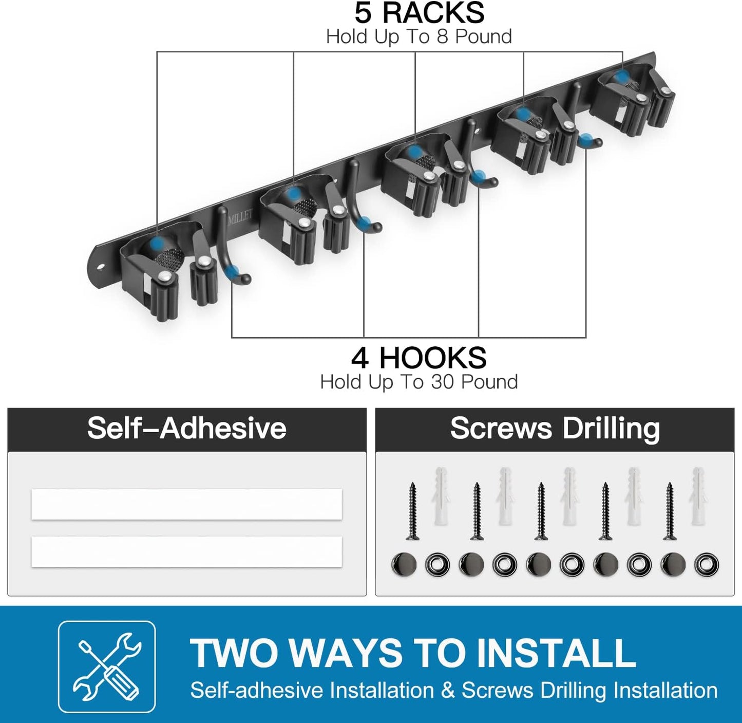 IMILLET Broom Holder Wall Mount, Broom Holder Stainless Steel Heavy Duty Garage Organization Broom Organizer Wall Mount Self Adhesive Laundry Room Organization and Storage(5 Racks and 4 Hooks)