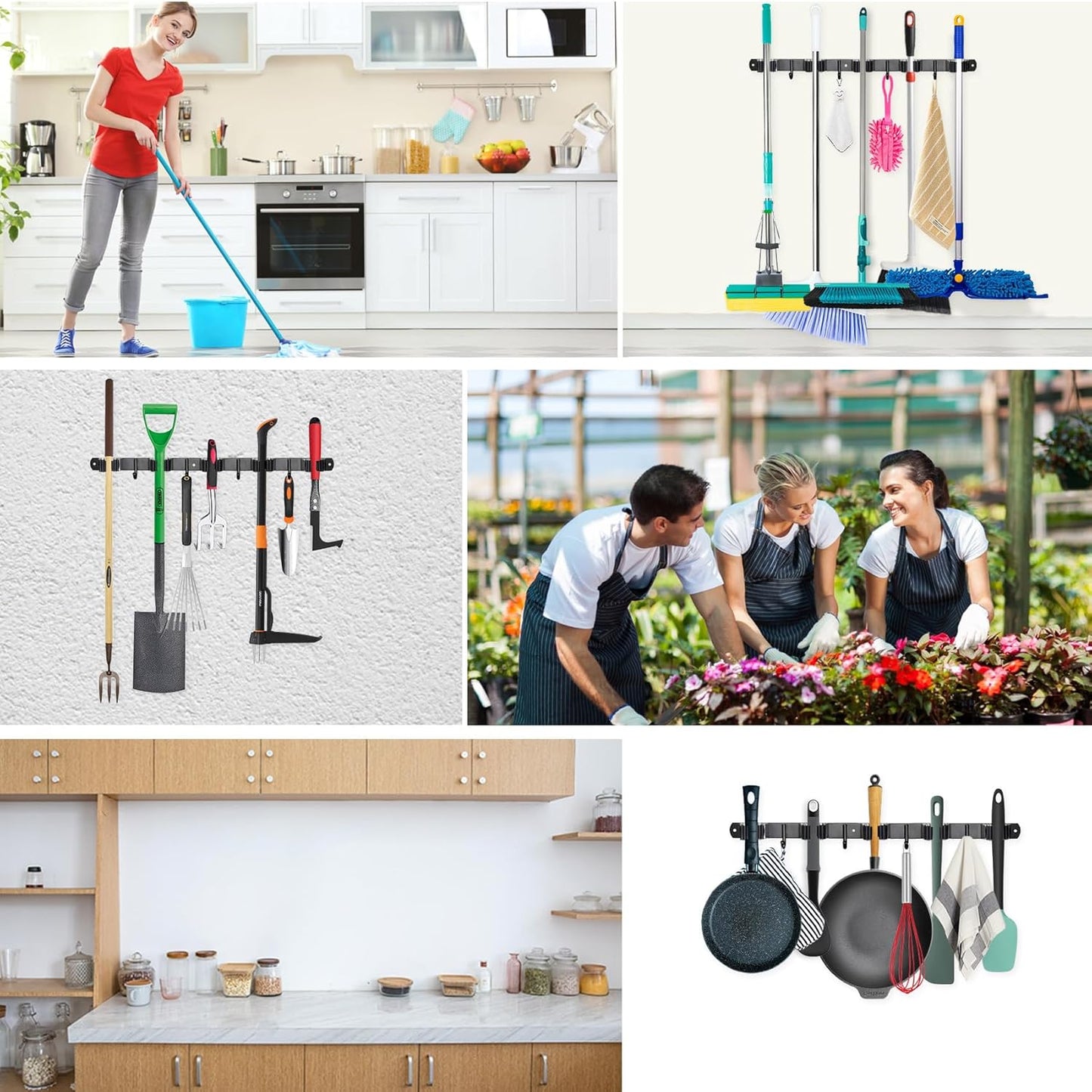 Huryfox Mop and Broom Holder Wall Mounted - Sturdy Stainless Steel Rack with Utility Hooks, 5 Racks, 4 Hooks Adjustable Design and Multiple Storage Organiser Options, Perfect for Kitchen