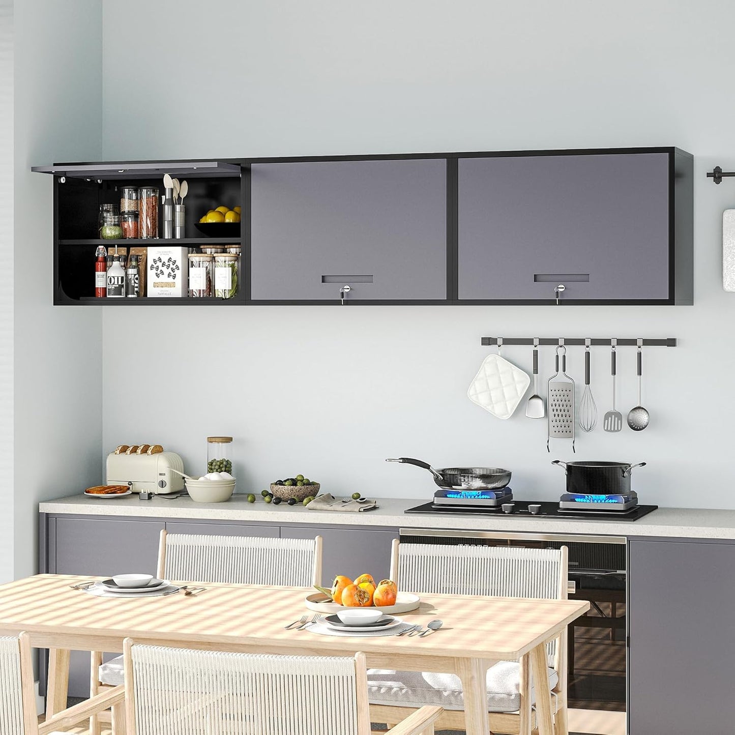 Metal Wall Cabinet with Locking Door and Shelf, Hanging Garage Cabinets with Up-Flip Doors for Garage, Warehouse, Home, Office, Assembly Required (Black Grey, One Cabinet)