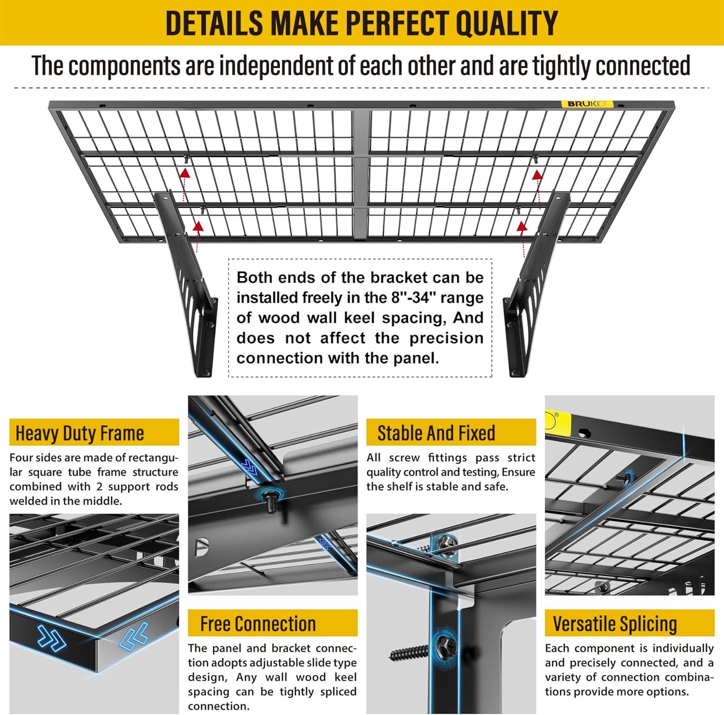 2x3ft Adjustable Rail Wall Garage Storage Shelf, for Tool Room, Storage Room, Store Supermarket Wall Storage Shelving Rack (4 Pack-Black)