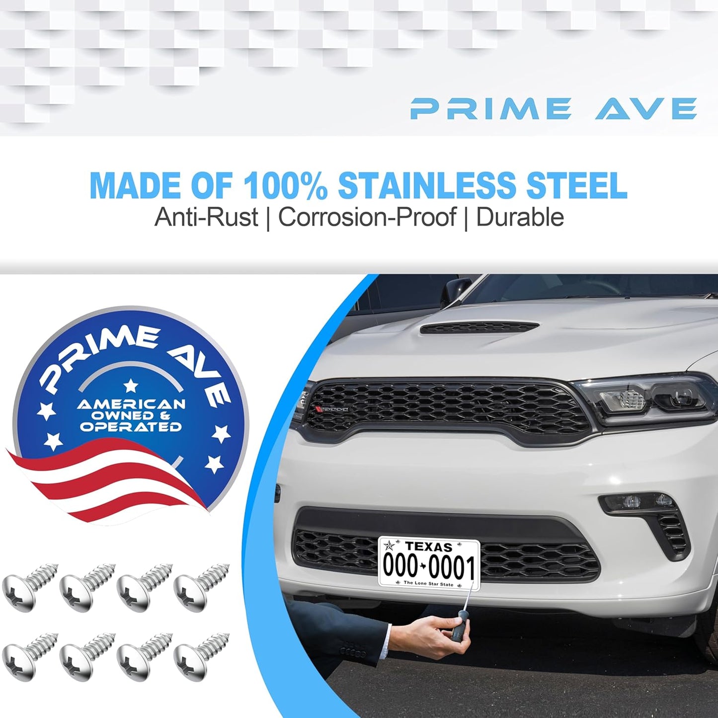 Stainless Steel License Plate Screws for License Plates, Frames, Covers - Rust Proof Licence Plate Screw Set for Front/Rear - Compatible with Chrysler Dodge Jeep & Ram (Pack of 8)