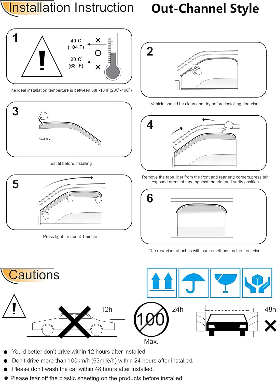 94682 Side Window Visor Wind Vent Deflector, 4pcs Out-Channel Tape-On Nice Sun Shade Rain Guards Set fit for 2016-2021 Honda Civic 4-Door Sedan Model