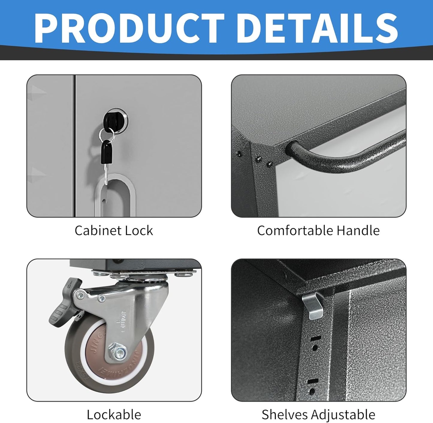 Metal Storage Cabinet with Wheels, Rolling Tool Cabinet with Doors and Shelves, Lockable Garage Storage Cabinet, Assembly Required (Black & Grey)