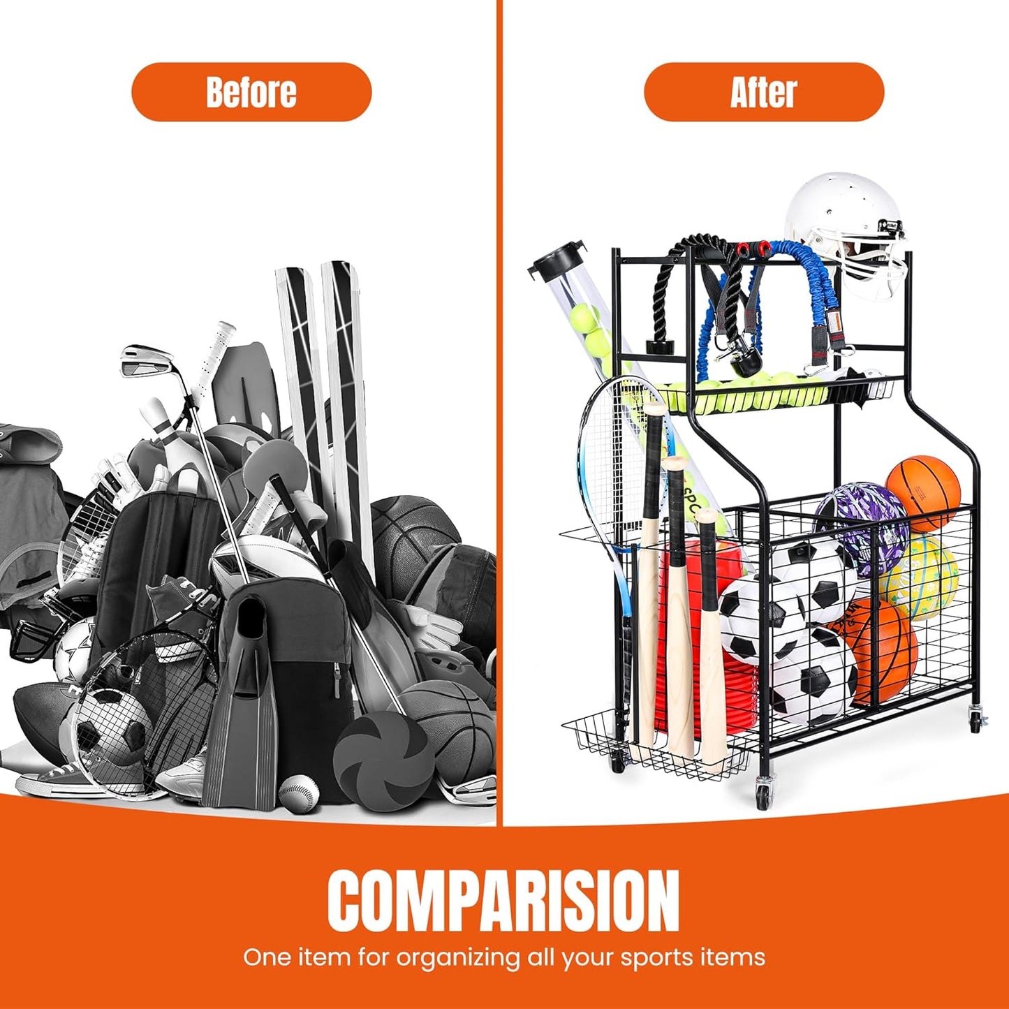Sports Equipment Organizer - 29.6" W x 42.7" H - Rolling Garage Ball Storage Rack - Golf Bag Storage Stand & Other Sports Equipment & Toys - Indoor/Outdoor Stand - Removable Basket
