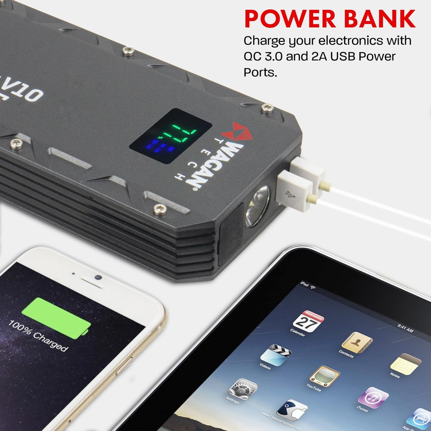 Wagan EL7507 Jump Starter iOnBoost V10 Torque 1000Amp Peak 12V Portable Lithium Car Battery Up to 7.8L V10 or 6.7L Diesel, 12V Jump Pack with Built-in LED Bright Light, UL Certified