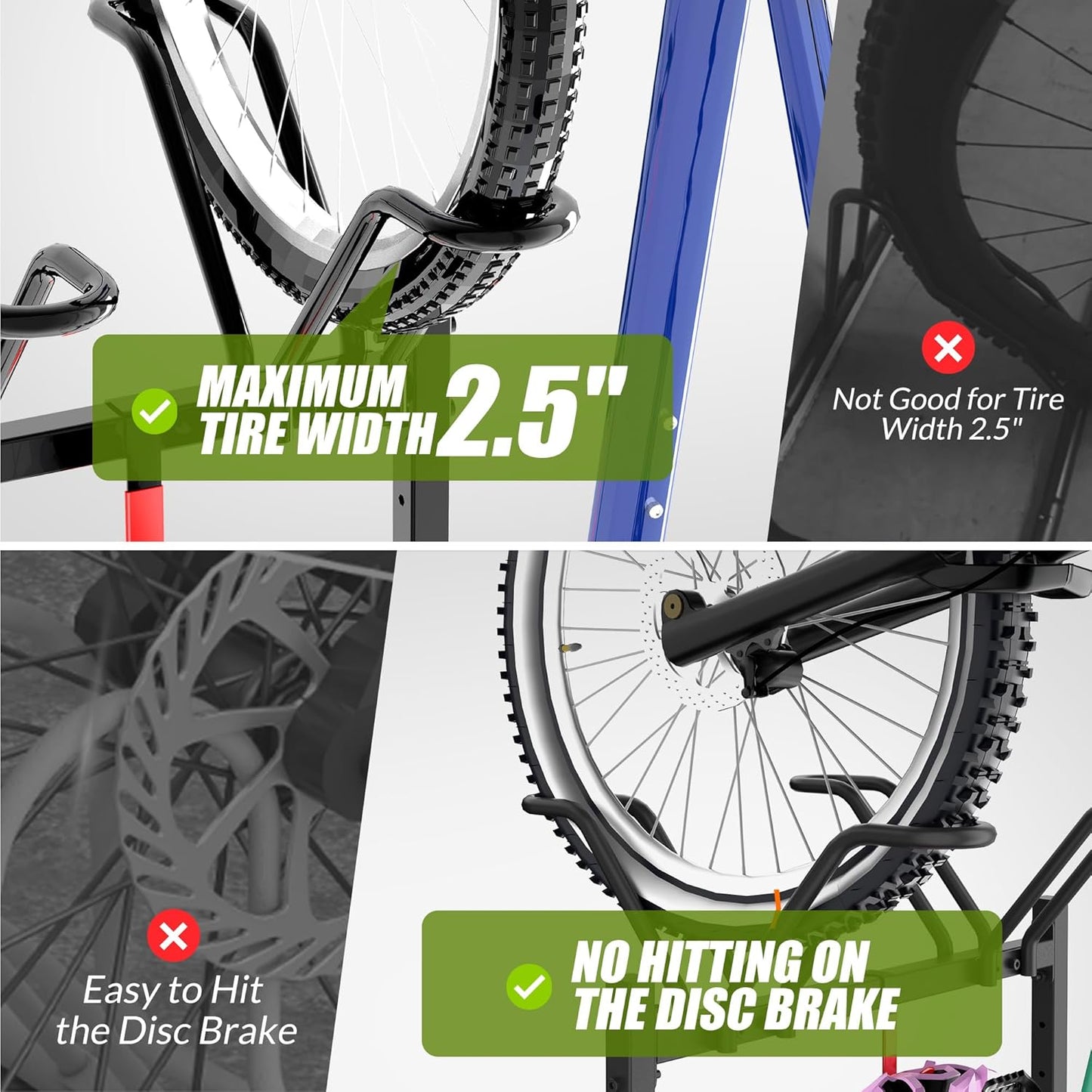 5 Bikes Floor Stand, Adjustable Bicycle Parking Rack with Hook for Garage, Indoor, Outdoor, Free Combination Bike Storage Cycle Rack for Mountain, Road and Kids Bikes, Max Tire Width 2.5”