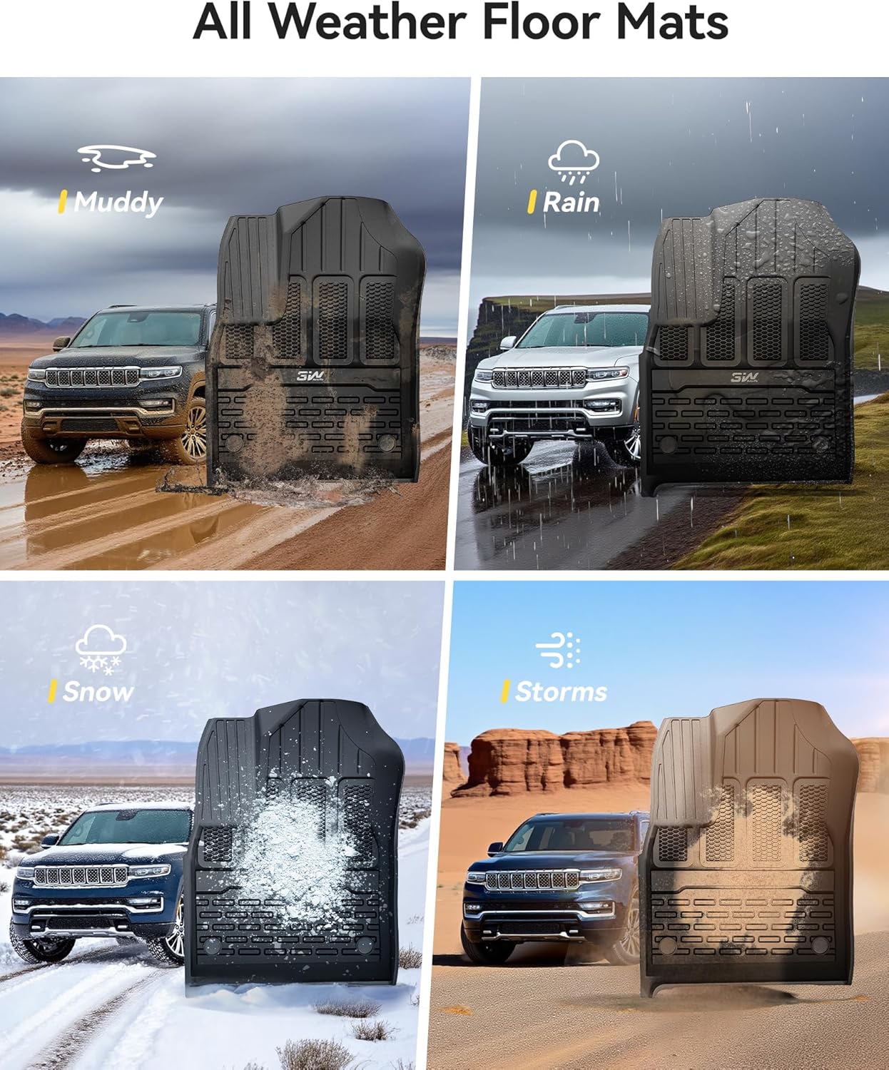 3W Floor Mats Fit for Jeep Grand Wagoneer/Grand Wagoneer L 2022 2023 2024 2025 8 seat (Not Fit for 7 seat), All Weather TPE Floor Liner for 1-3 Rows Full Set Car Mats Black