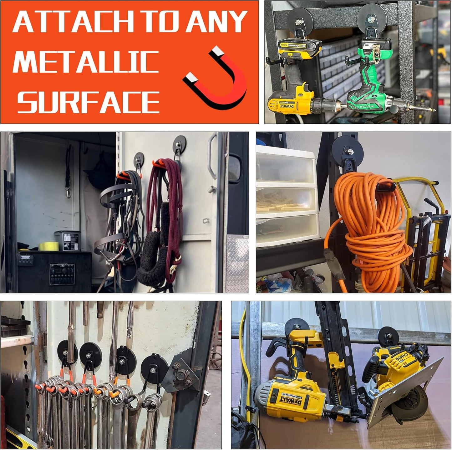 ULIBERMAGNET Heavy Duty Magnetic Hooks,Strong Large Magnet Hooks for Power Drill,Garden Tools, Hose,Pegboard,Garage,Workshop,4 Pack Magnetic Storage Hooks for Indoor Outdoor Hanging(Gray)