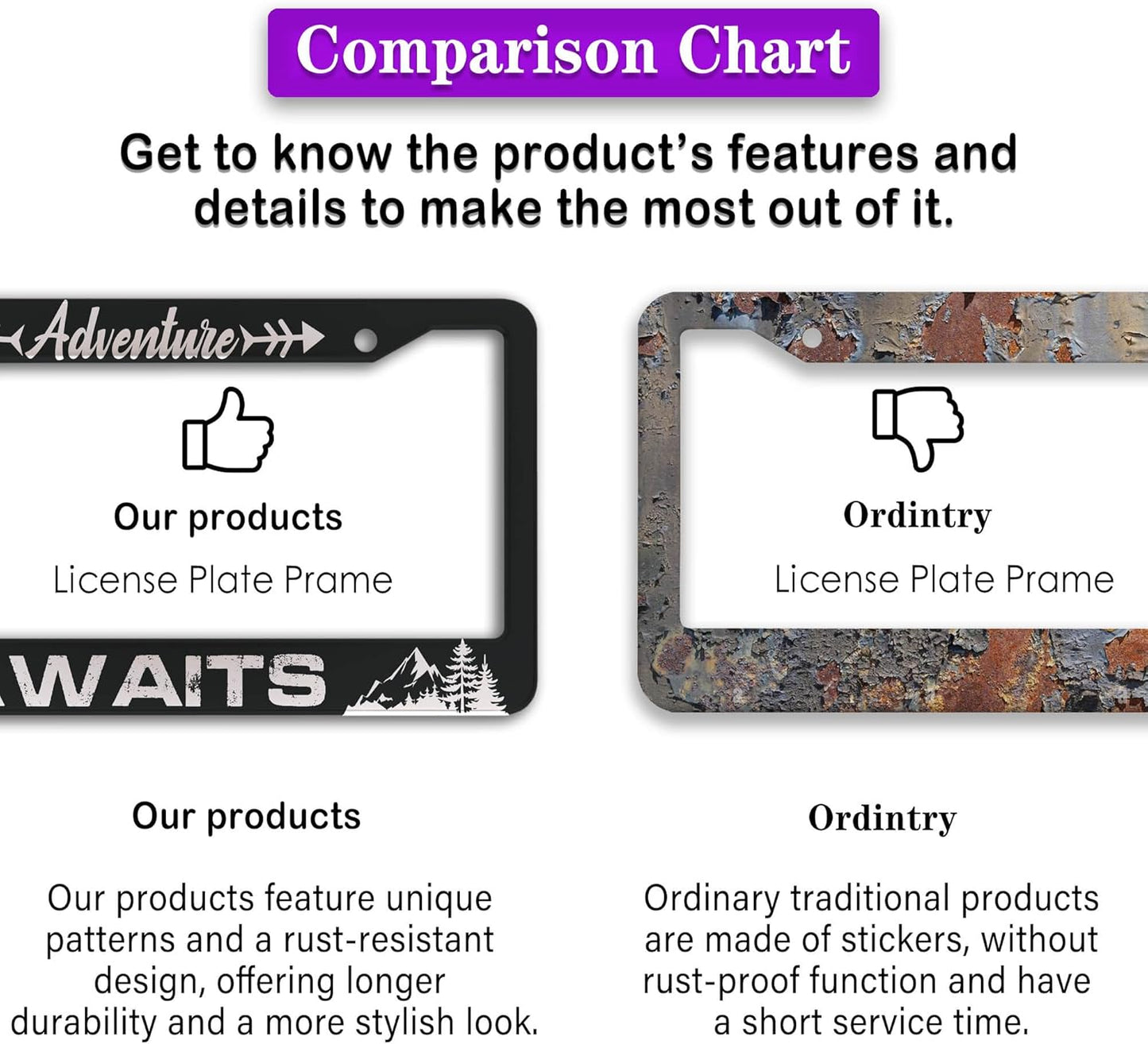 License Plate Frames for Men Black and White Car Plate Frames for Women Adventure Awaits Aluminum Metal Car Accessory 2 Pack with Screw Covers Set